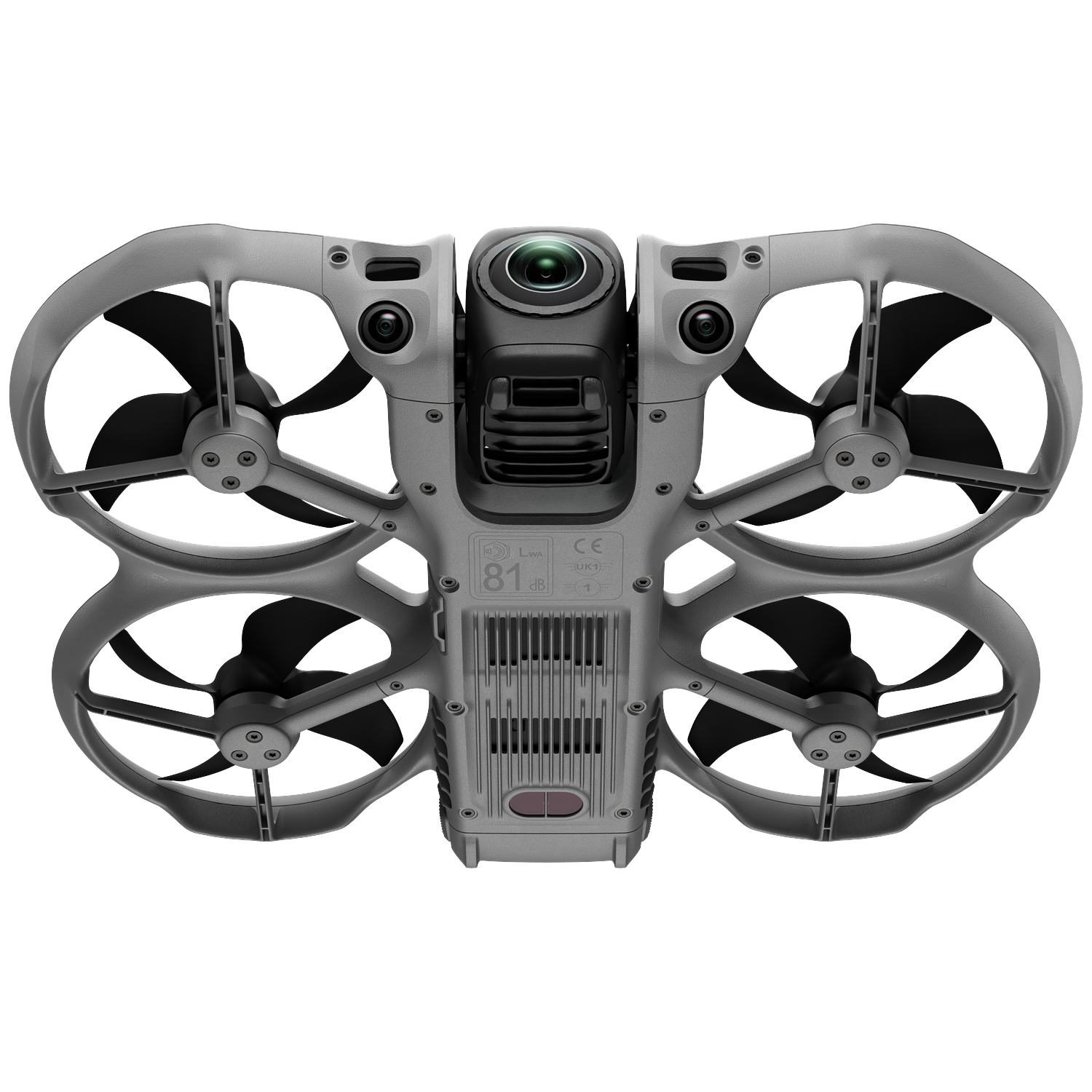 Een grijze drone met vier propellers en een centrale camera wordt getoond tegen een zwarte achtergrond.