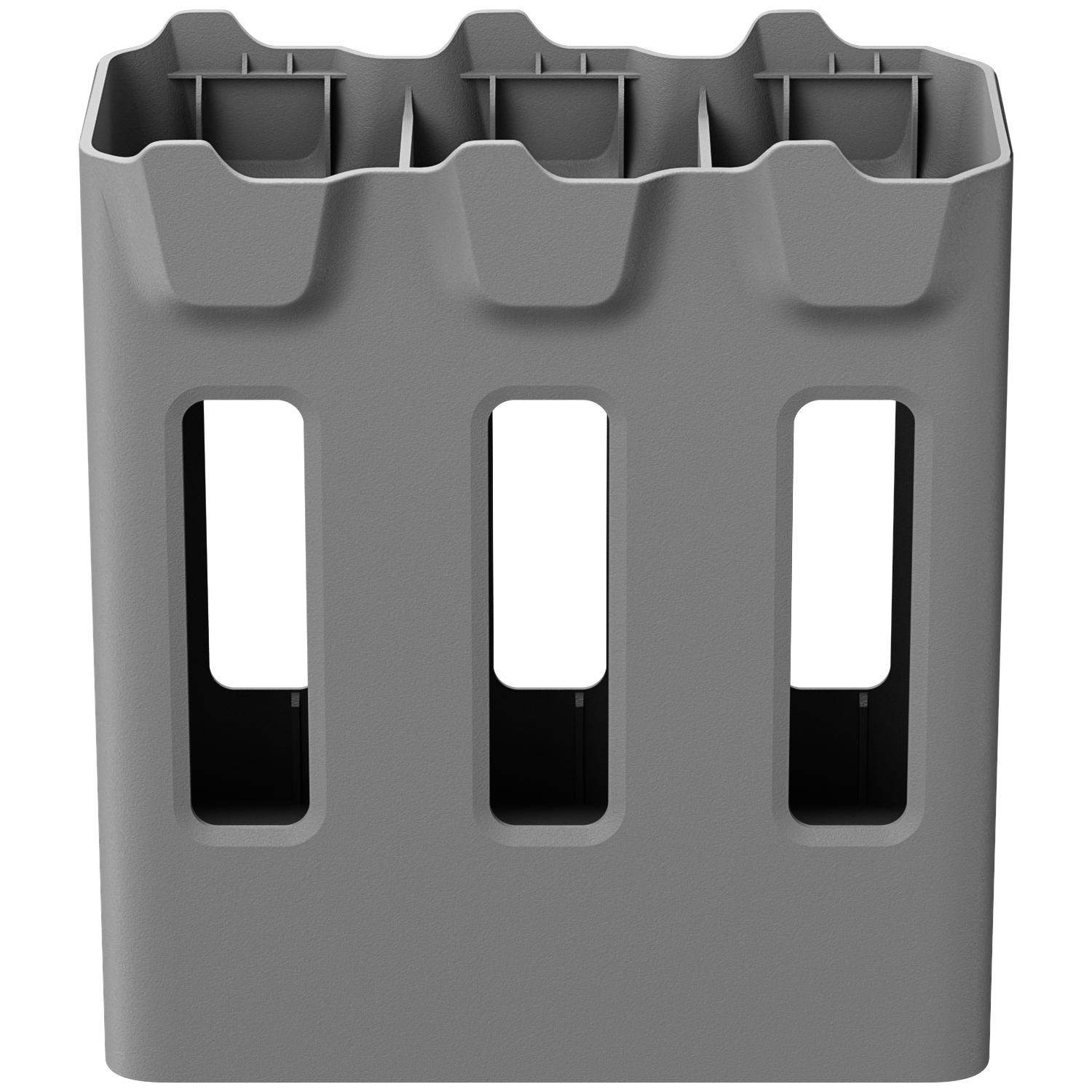 Grijze plastic container met drie sleuven aan de voorkant en vier vakken aan de bovenkant.