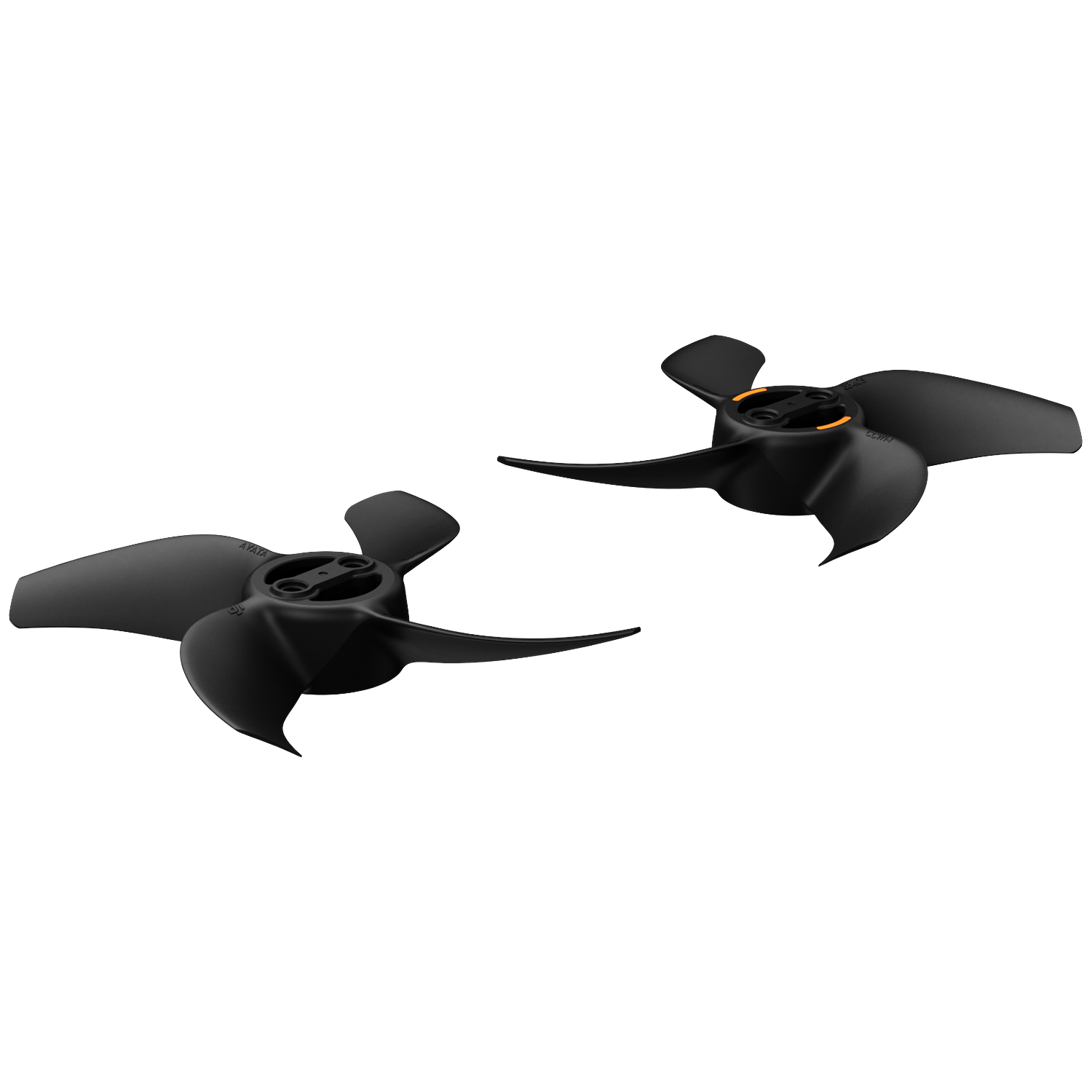 Twee zwarte propellers met drie bladen op witte achtergrond.