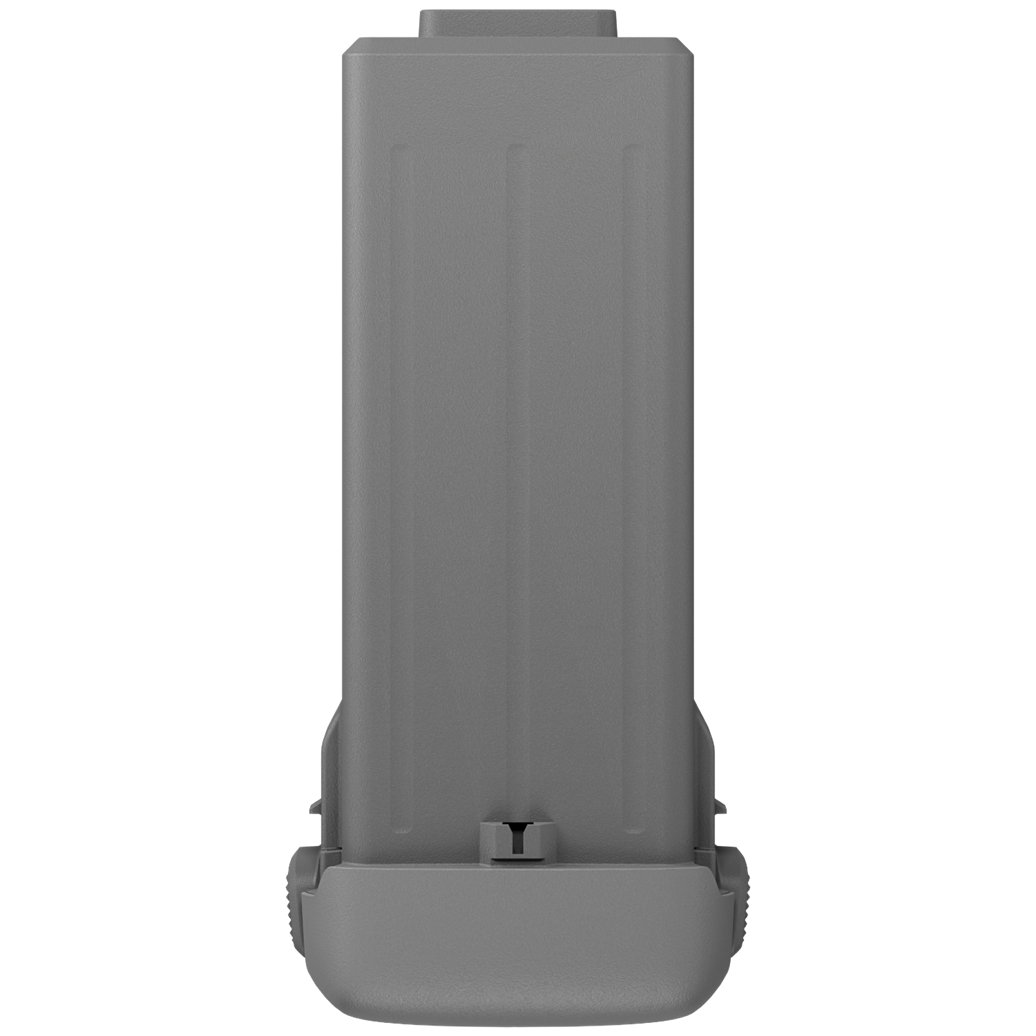 Grijze batterij met verticale groeven, geïsoleerd op zwarte achtergrond.