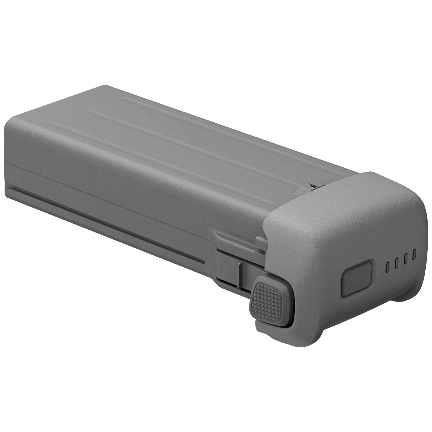 Een grijze rechthoekige dronebatterij met een gestructureerde knop en indicatielampjes aan één uiteinde, tegen een zwarte achtergrond.