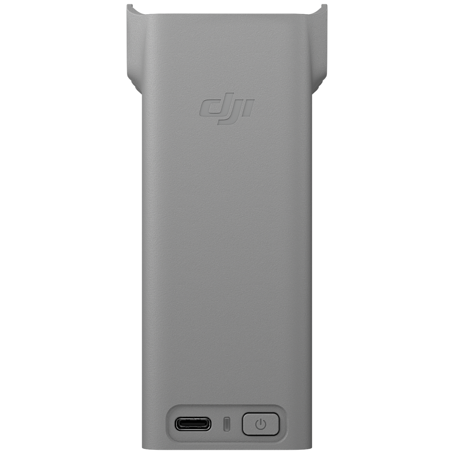 Batterie grise avec logo DJI, port USB-C et bouton d'alimentation.
