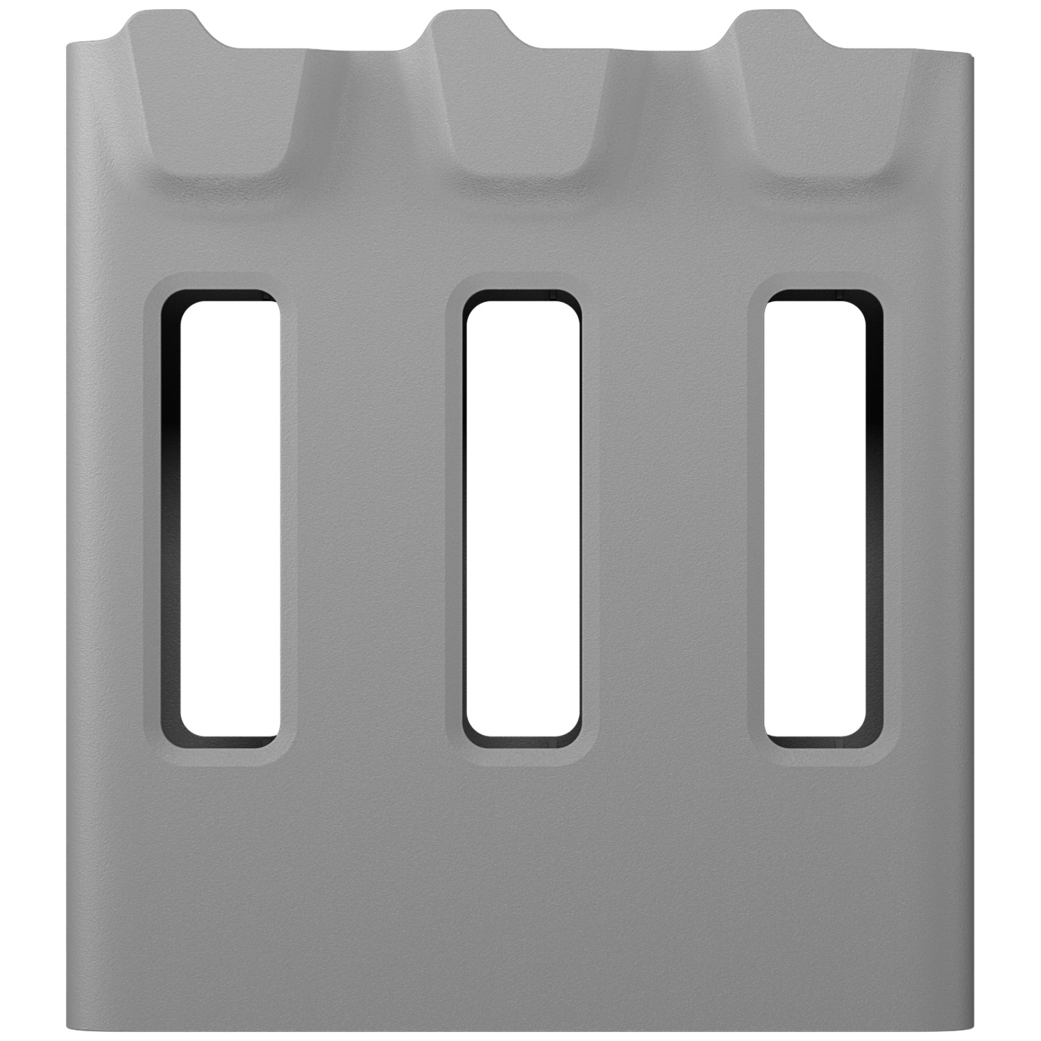 Gray object with three vertical slots and a crenellated top edge.