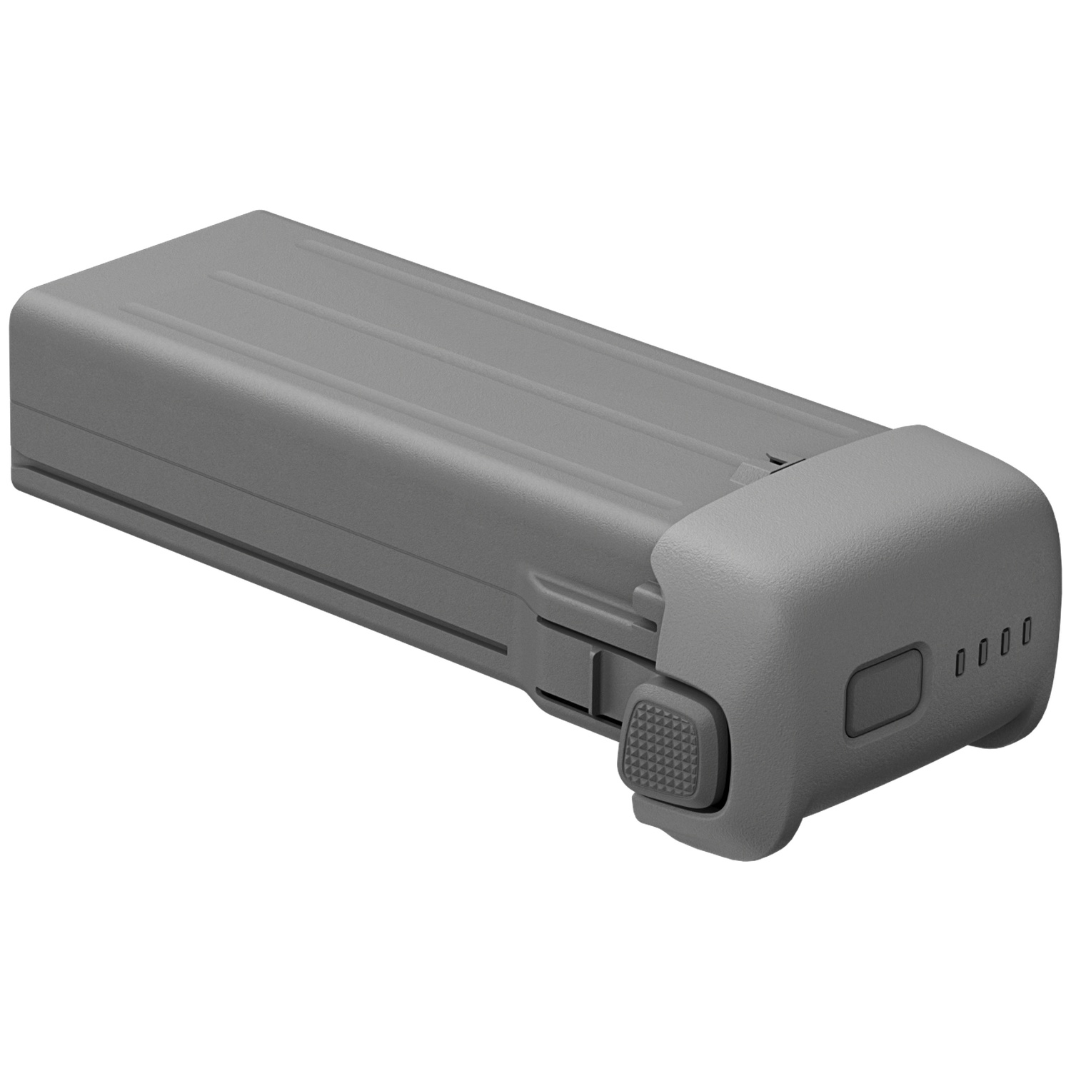 Batterie grise avec bouton de déverrouillage et indicateur de charge.