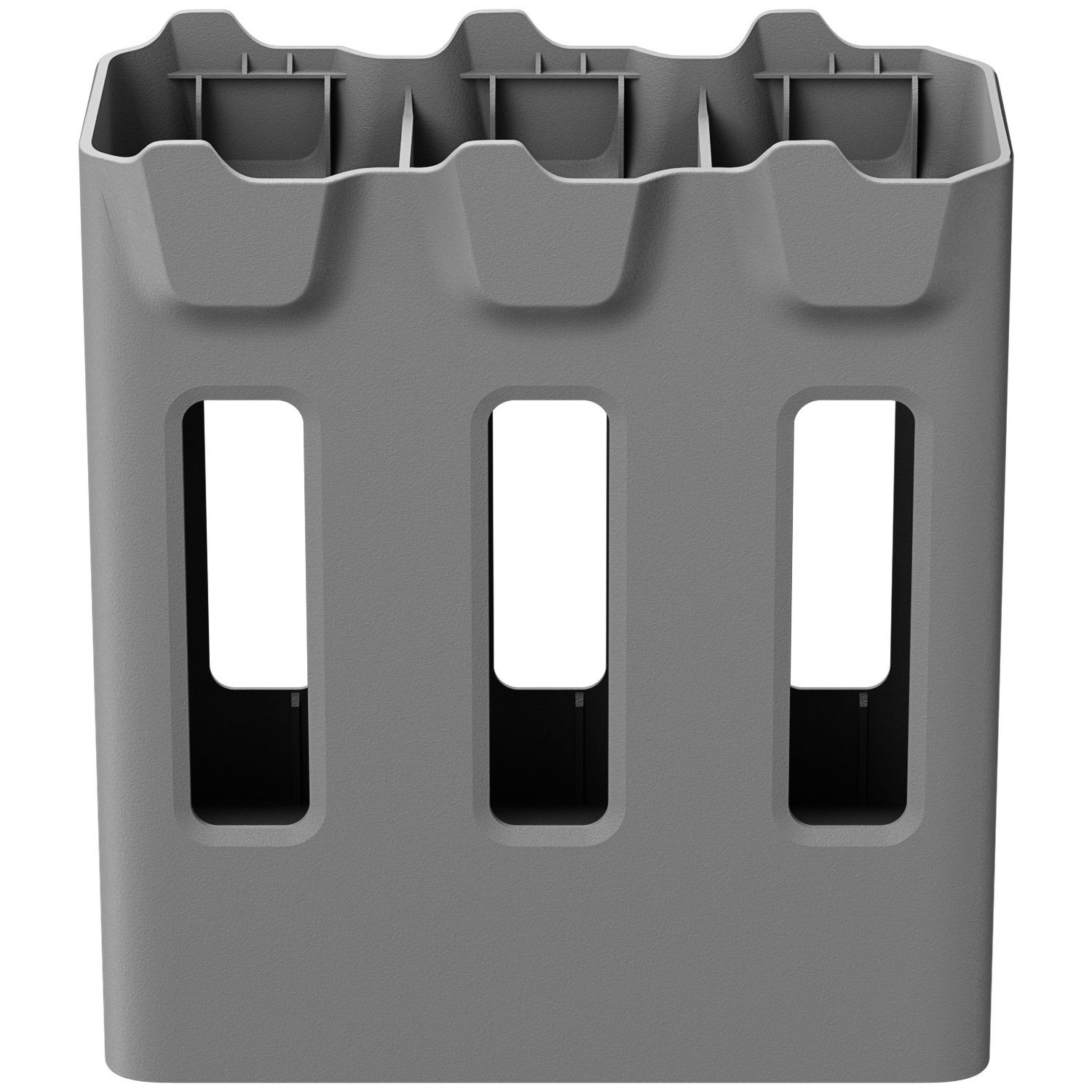 Gray plastic holder with four compartments and three rectangular openings.