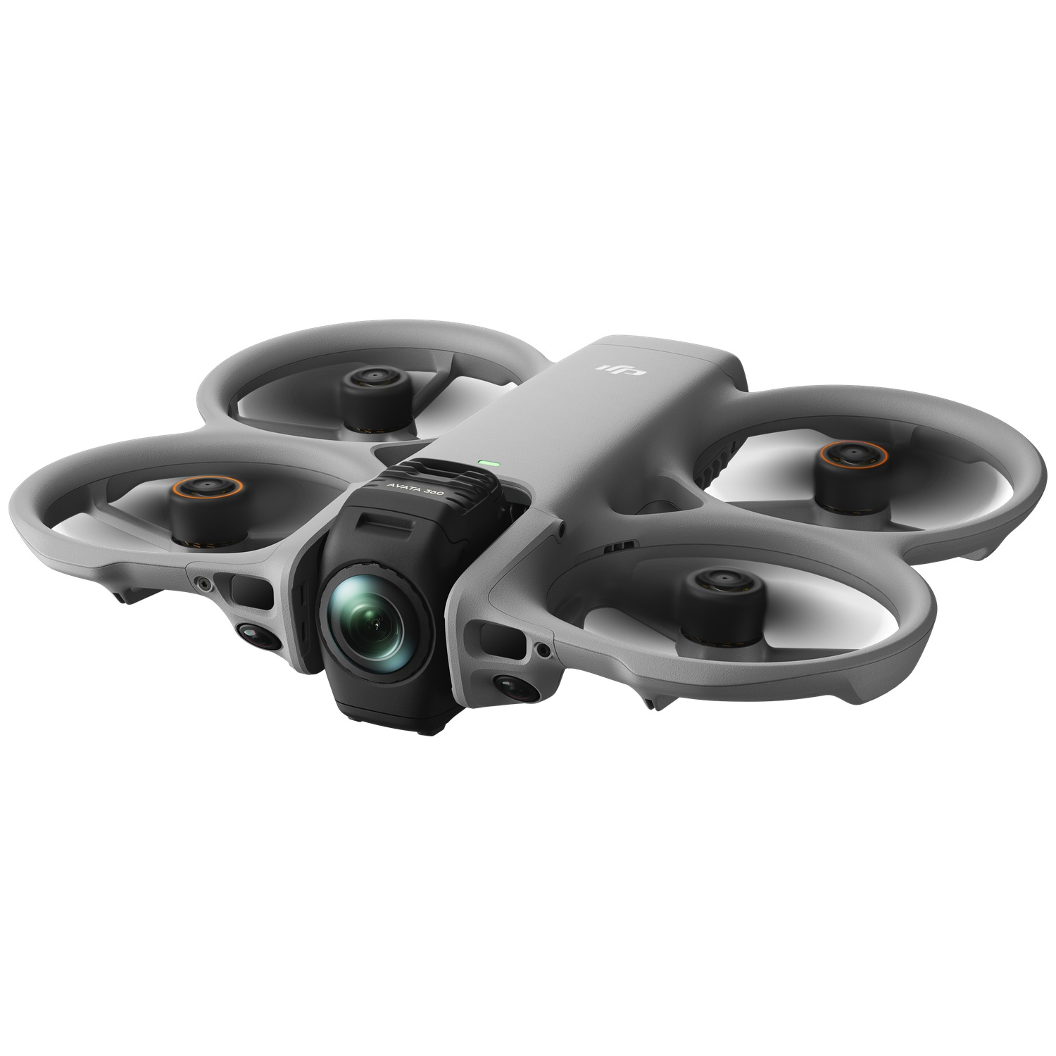 Gray DJI Avata 360 drone with camera and propellers on a white background.