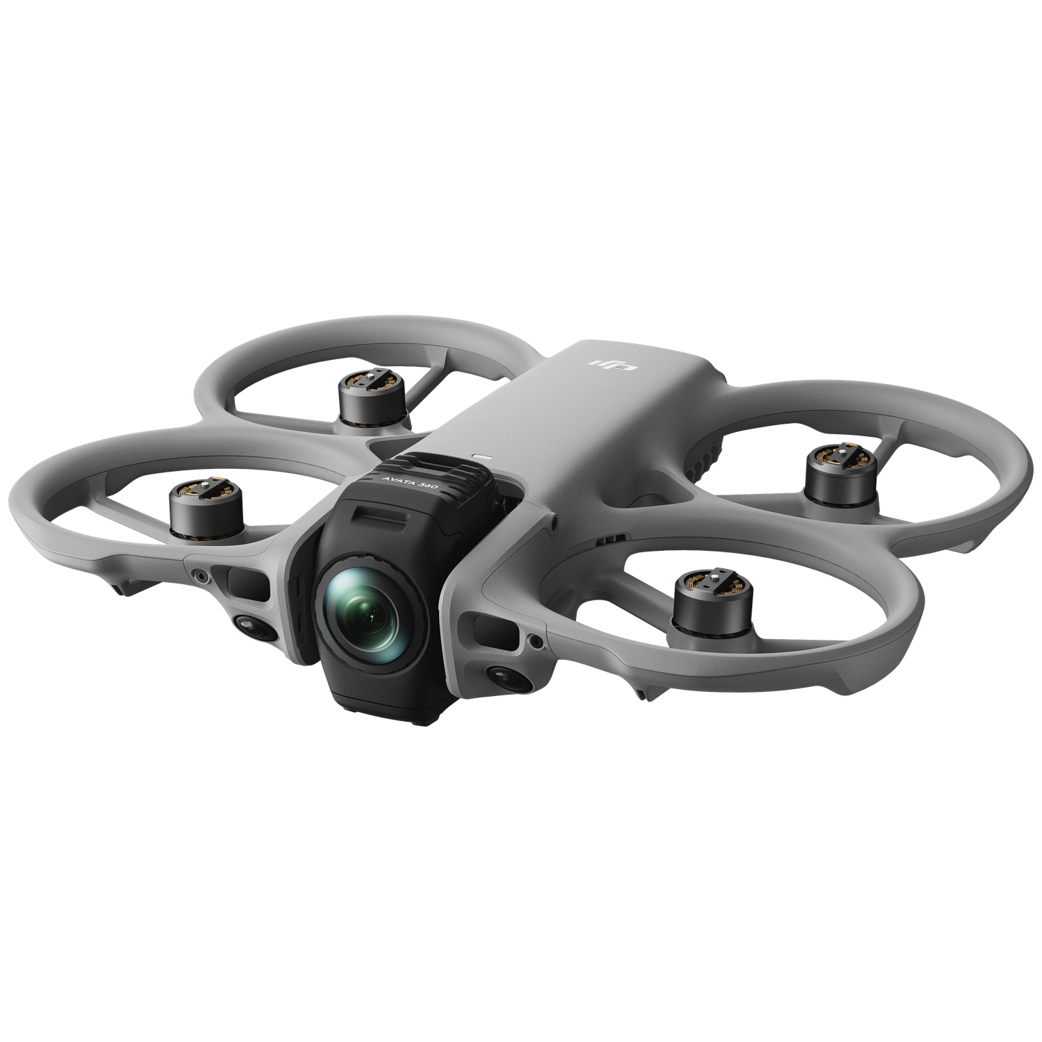Gray DJI Avata drone with camera and propellers, isolated on white.