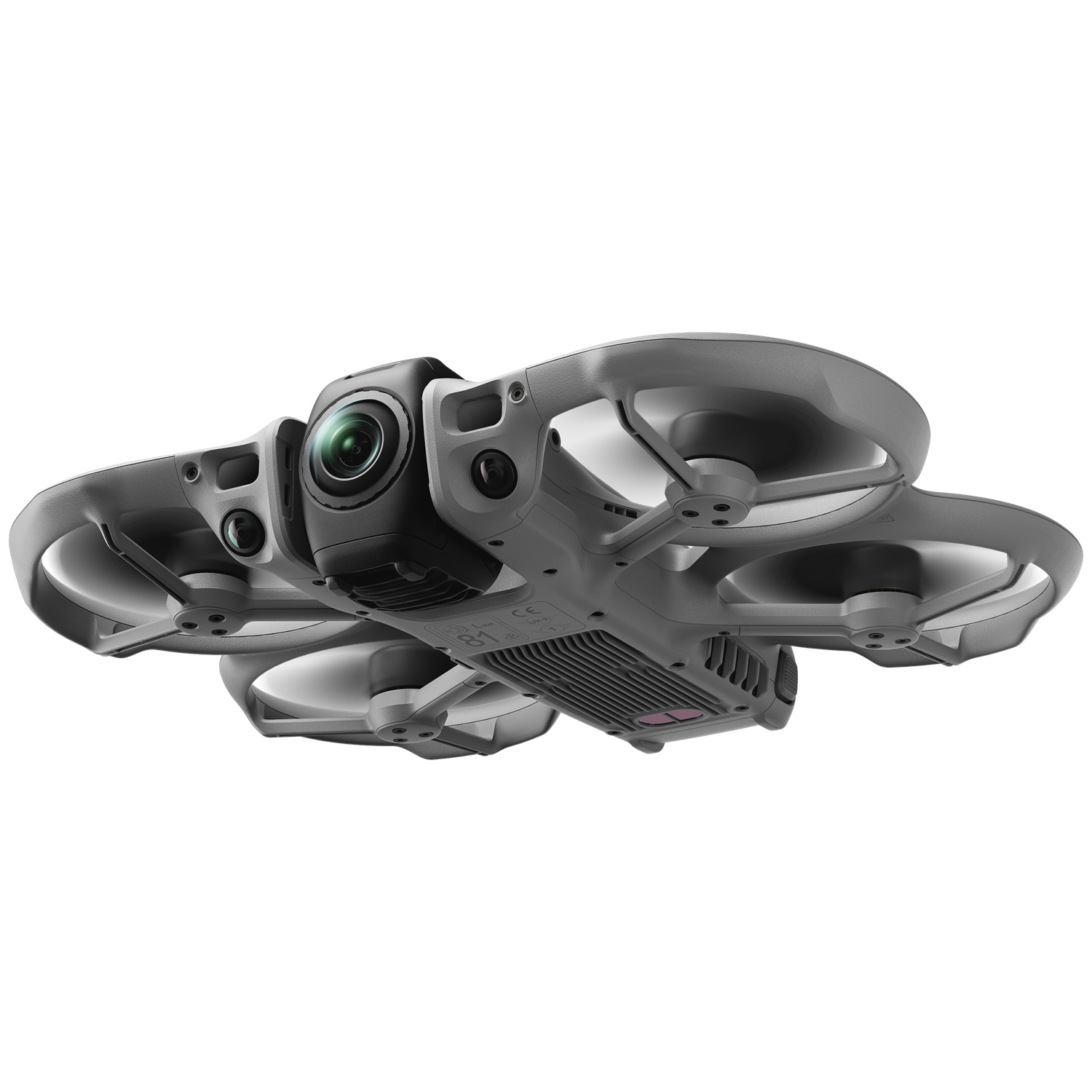 Gray quadcopter with camera in the middle, on a white background.