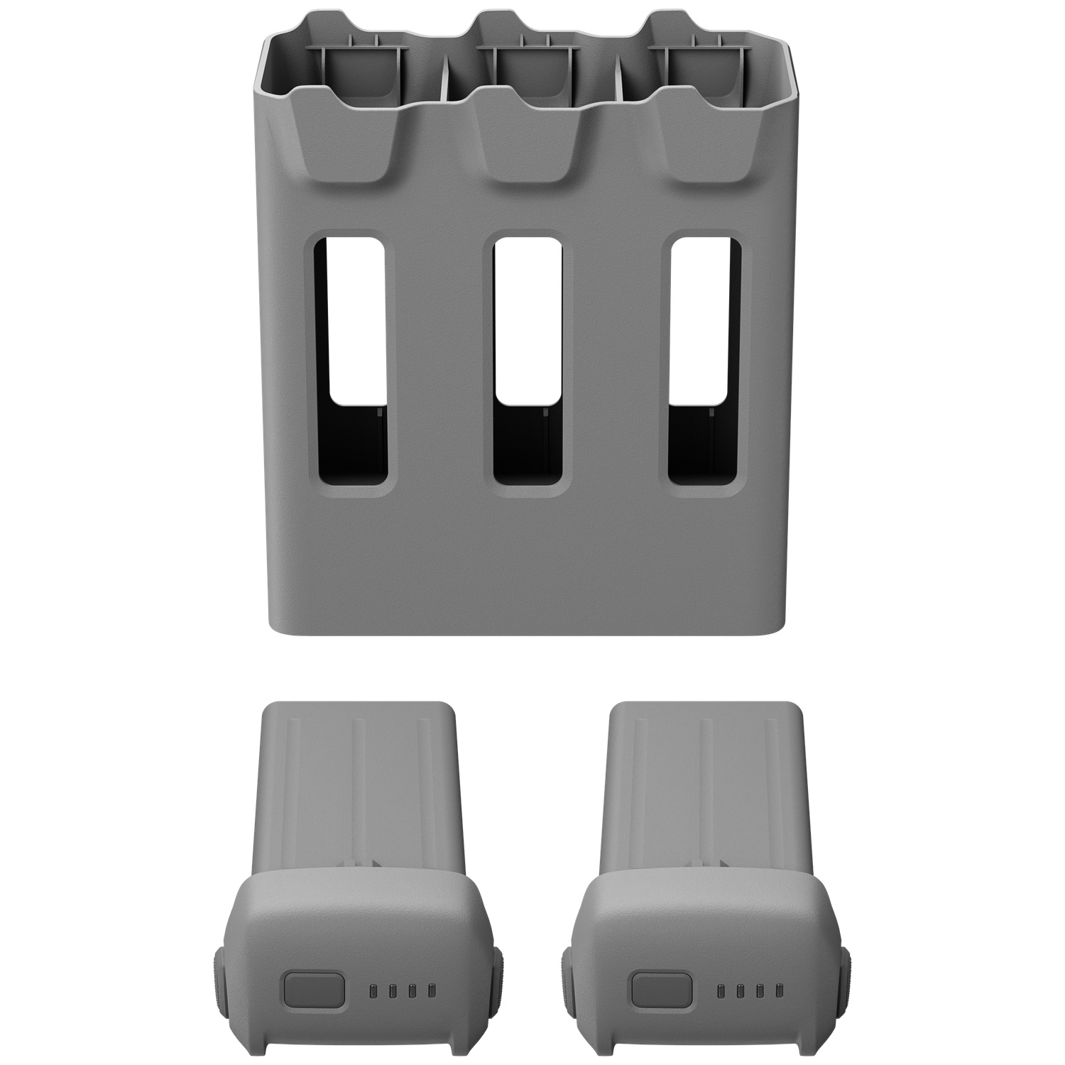 Gray drone battery charging case with three slots and two spare batteries.