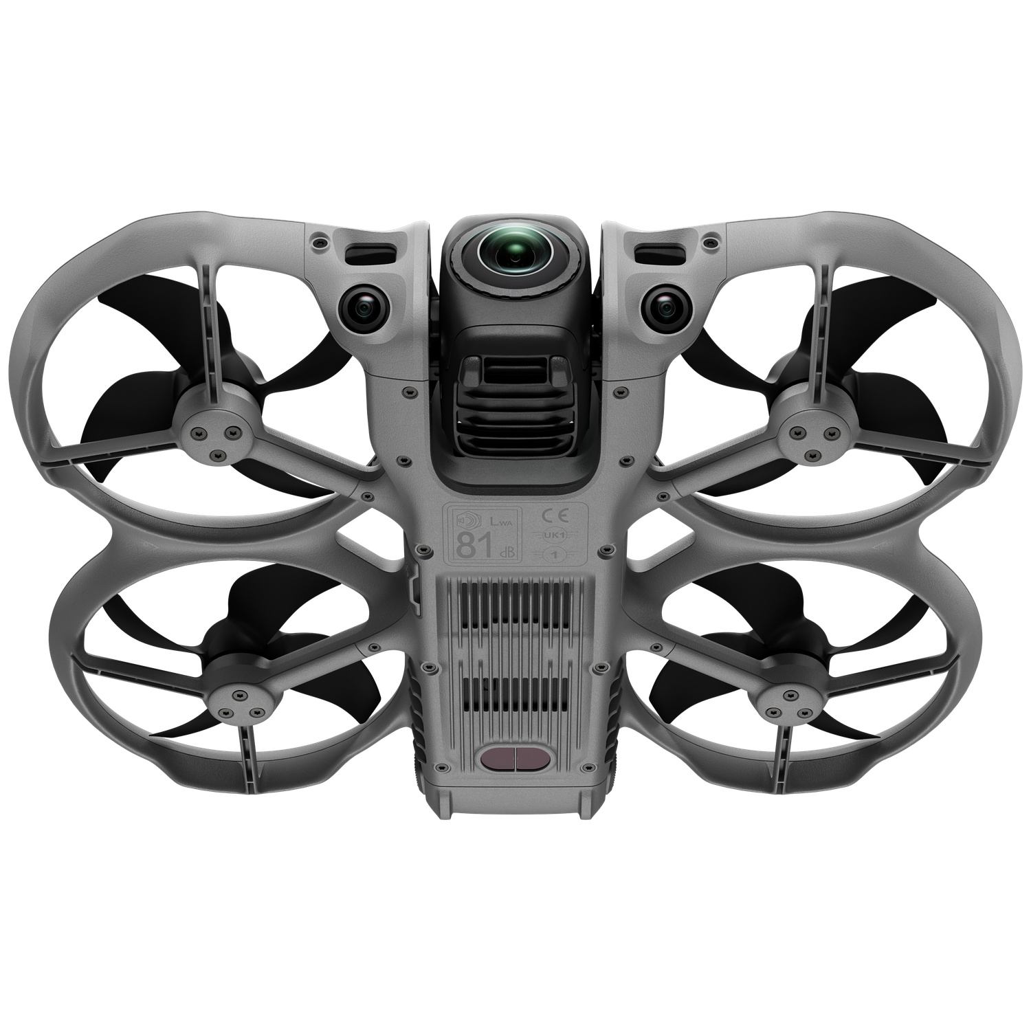 Gray drone body with four propellers, camera on top, and ventilation slots.