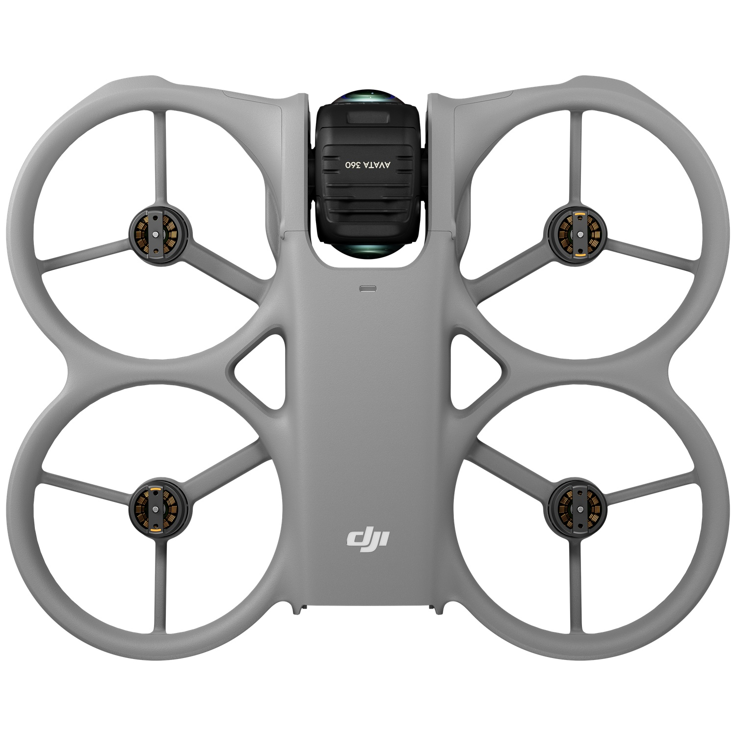 Grijze DJI Avata 360 drone body met vier propellers en camera.