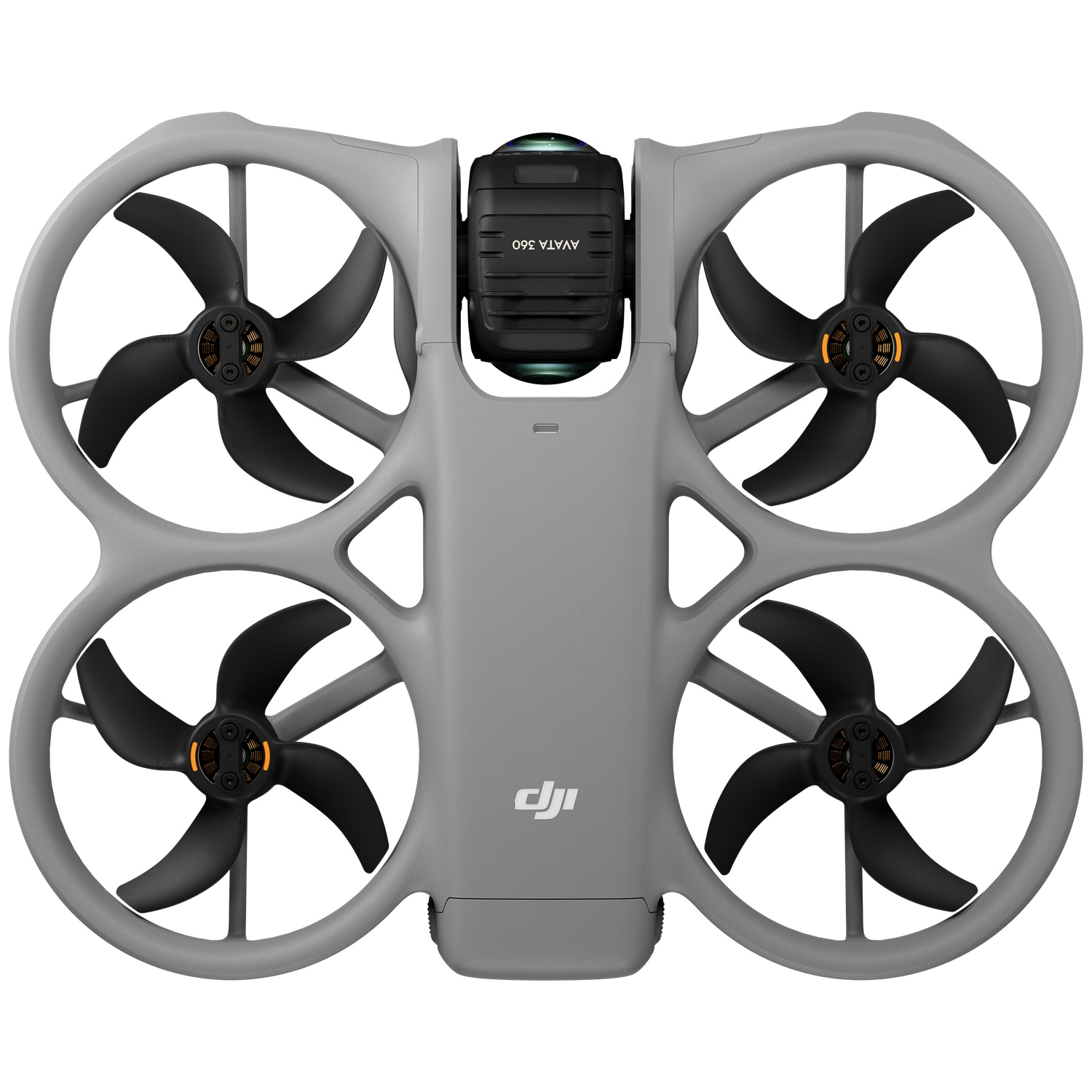 Grijze drone body met vier zwarte propellers en camera.