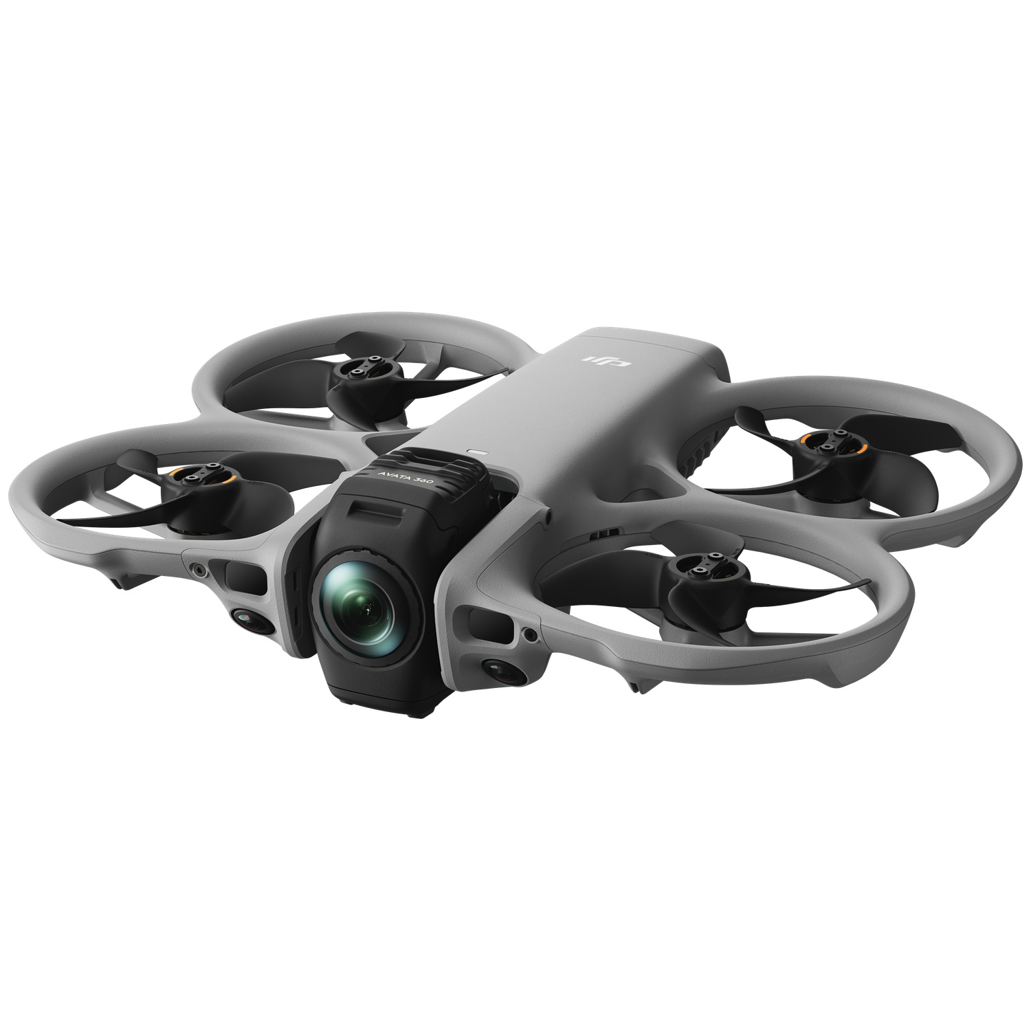Grijze DJI Avata drone met camera en propellers, op witte achtergrond.