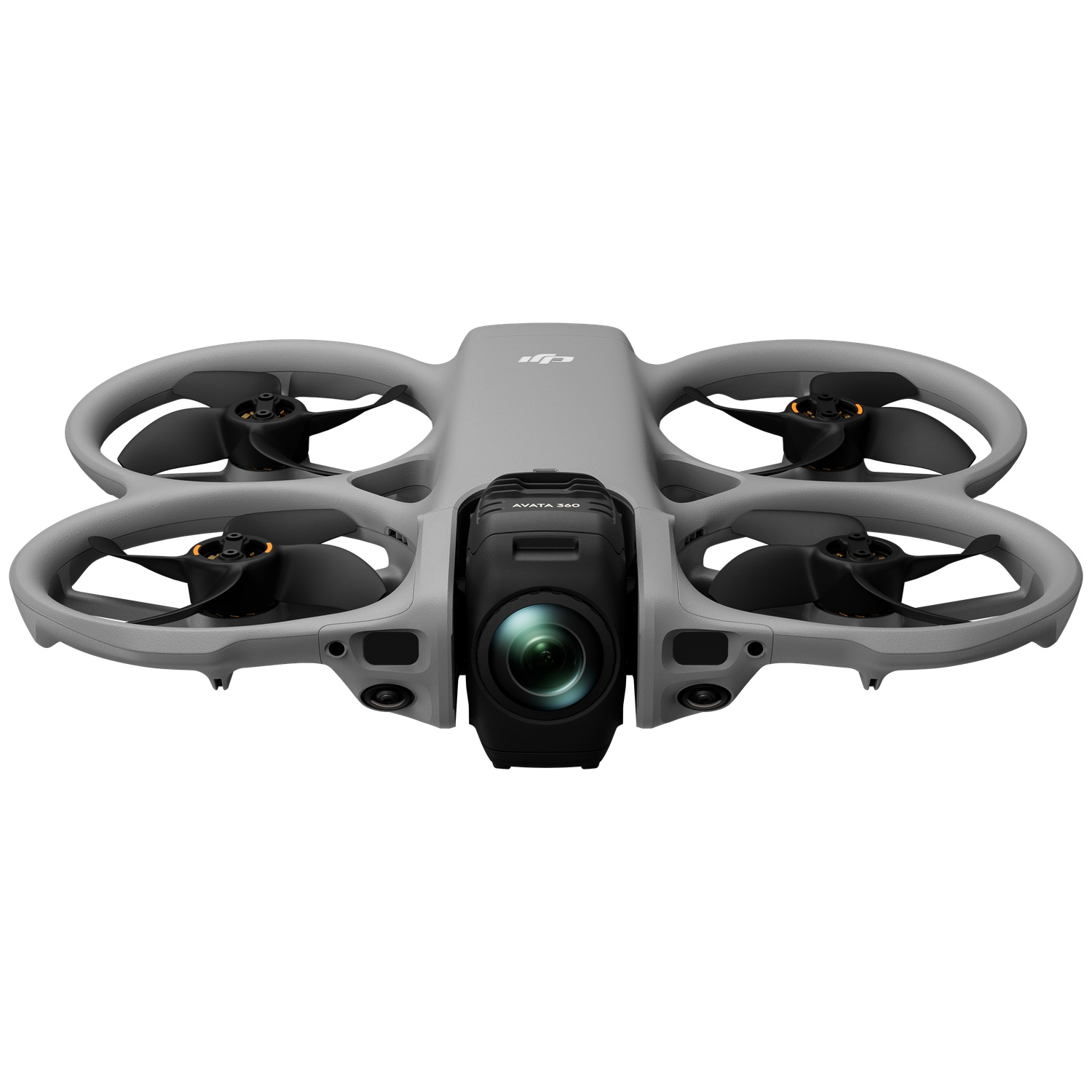 Grijze DJI Avata drone met camera en propellers op witte achtergrond.