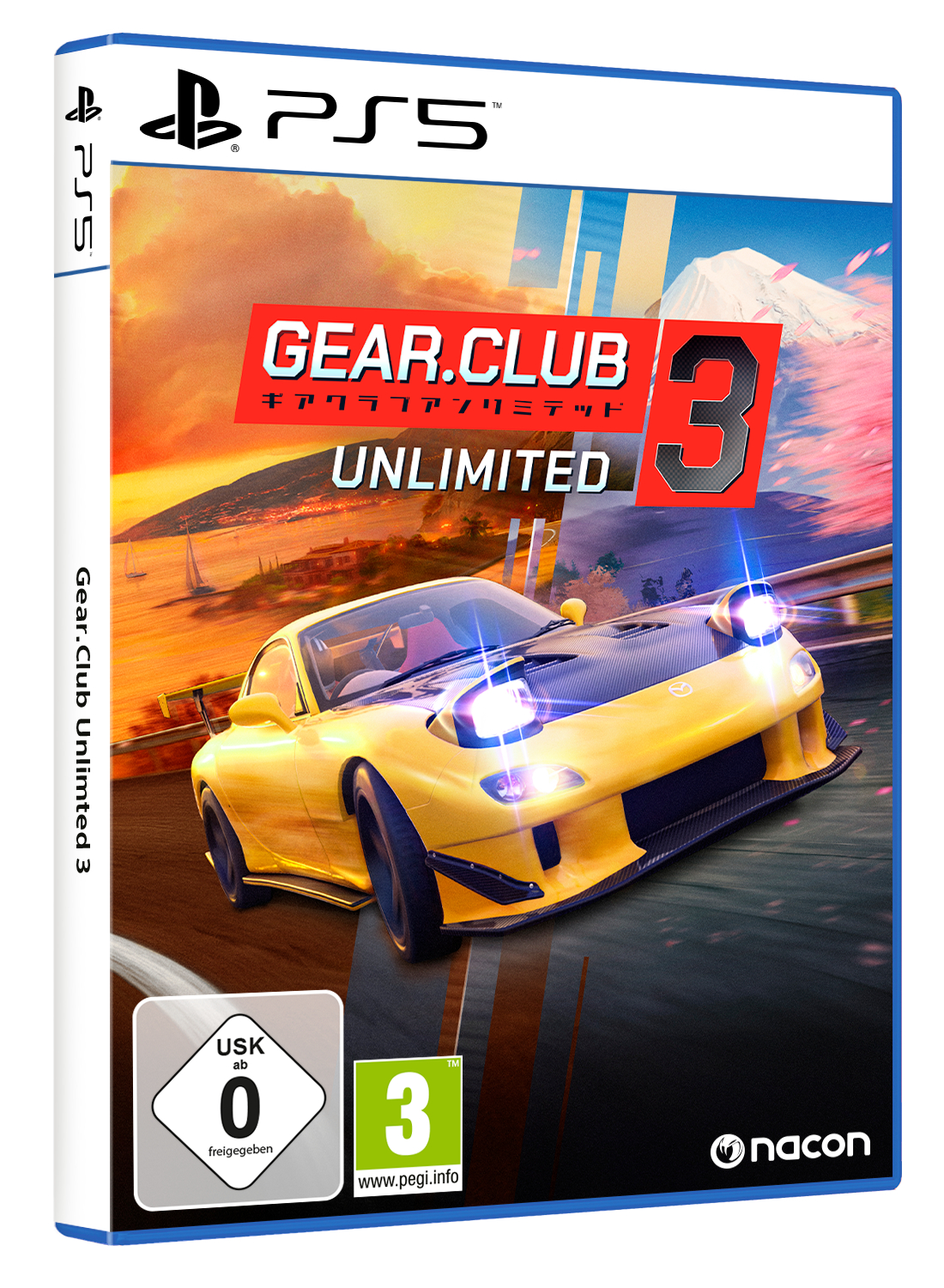 Gelber Rennwagen auf einer Rennstrecke, PS5 Spielcover von Gear. Club Unlimited 3.