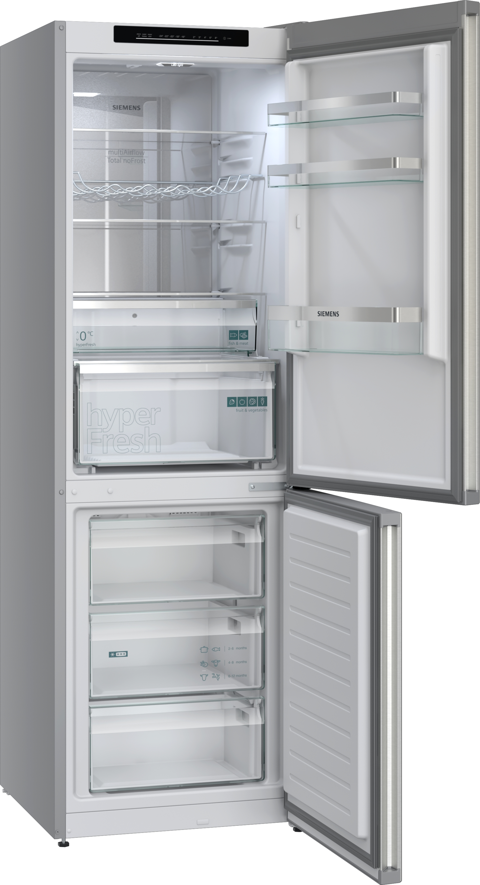 Ein offener Siemens Kühlschrank mit mehreren Fächern und Schubladen.