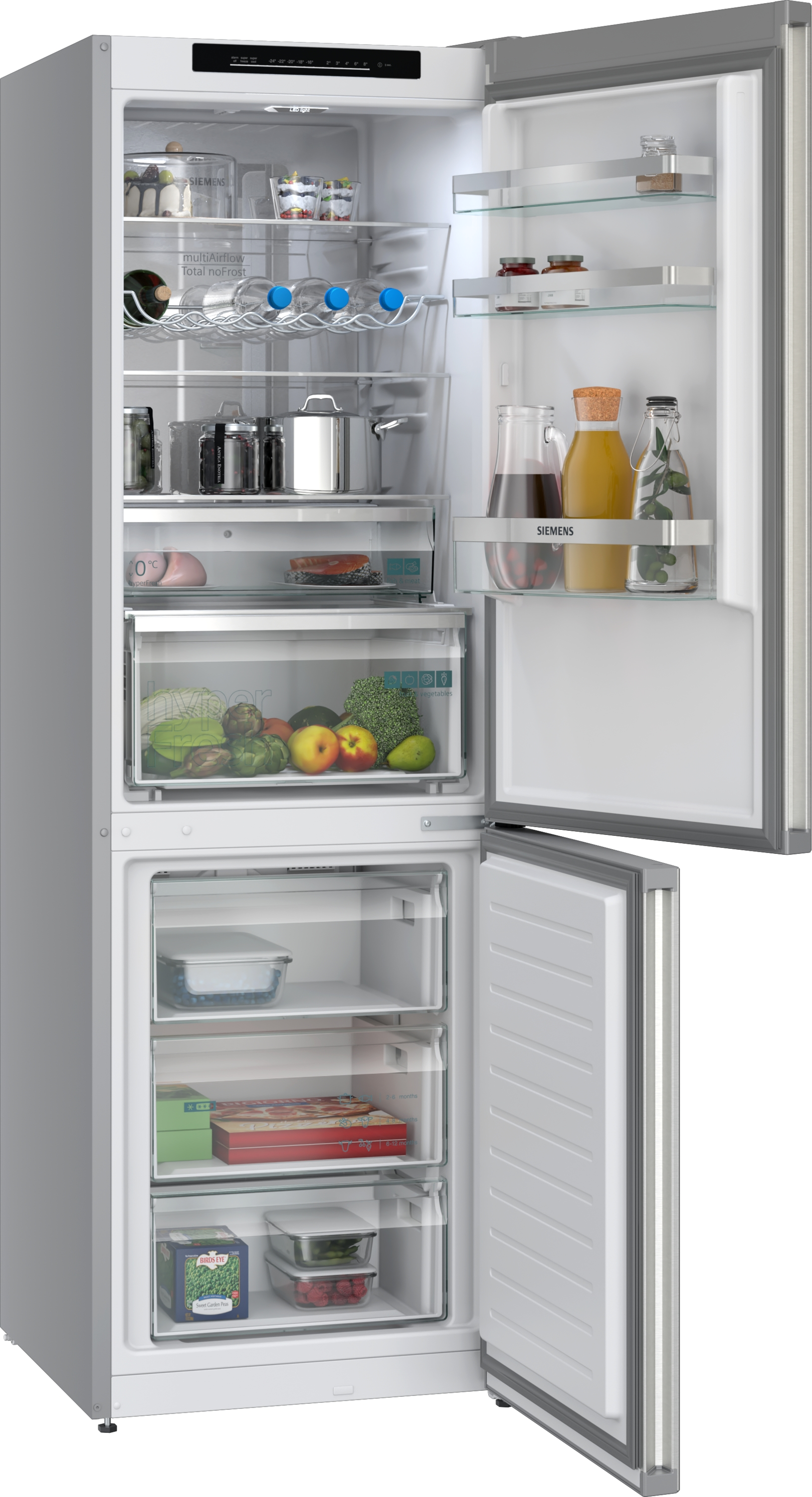 Ein offener Kühlschrank mit Lebensmitteln wie Obst, Gemüse, Flaschen und Behältern.