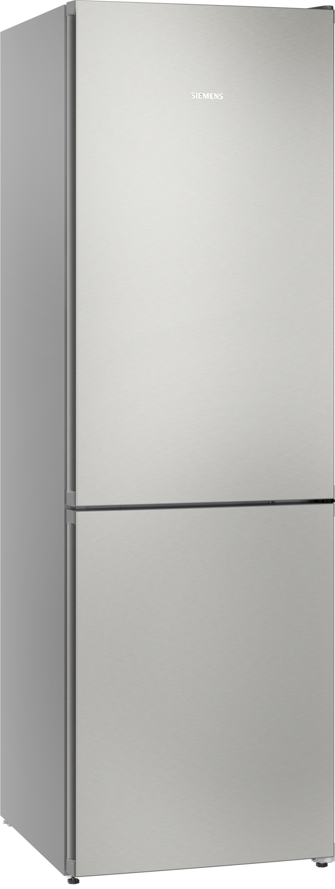 Ein silberner Siemens Kühlschrank mit zwei Türen, auf weißem Hintergrund.