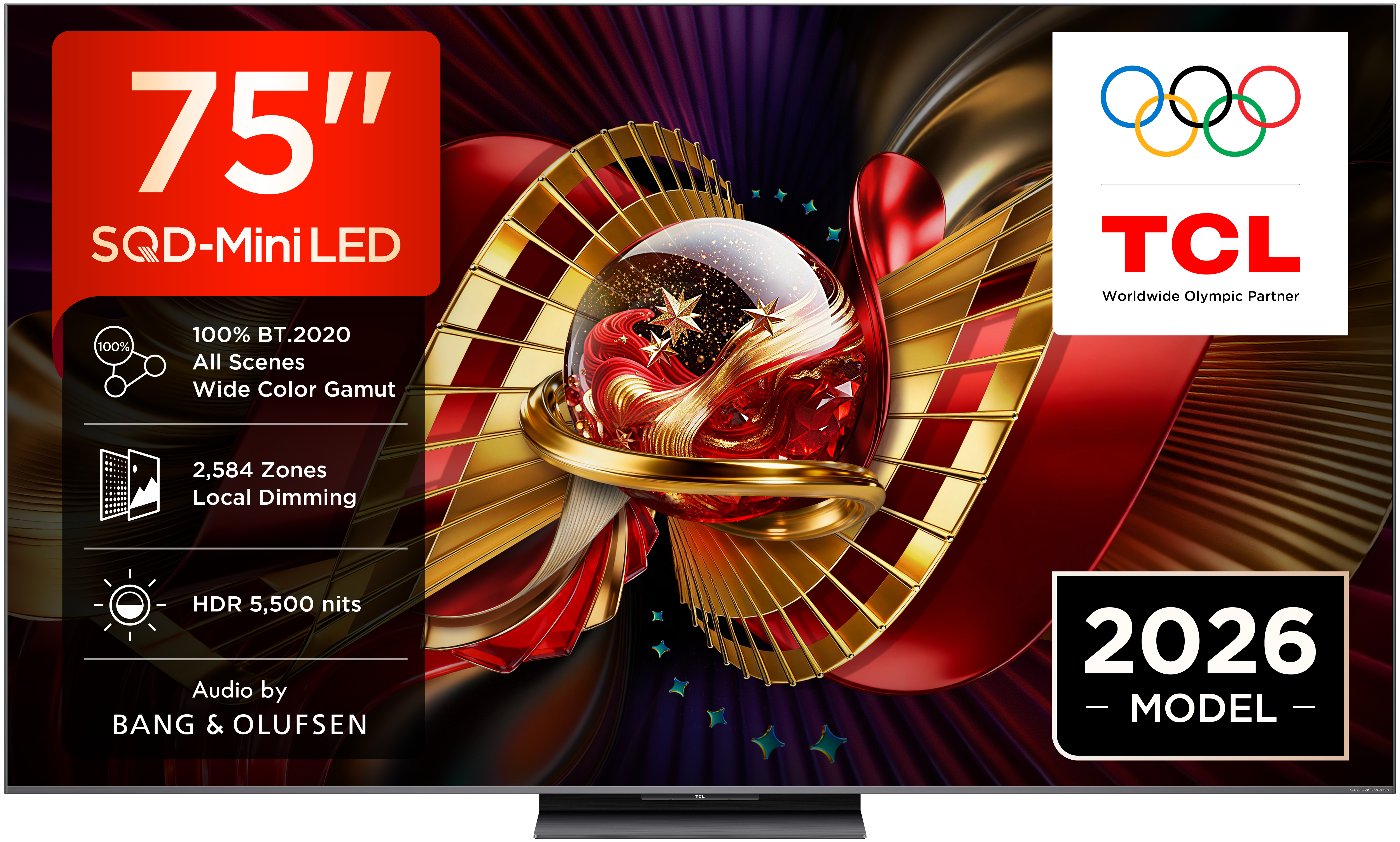 TCL 75-Zoll SQD-Mini LED Fernseher, 2026 Modell, mit Olympic Partner Logo.