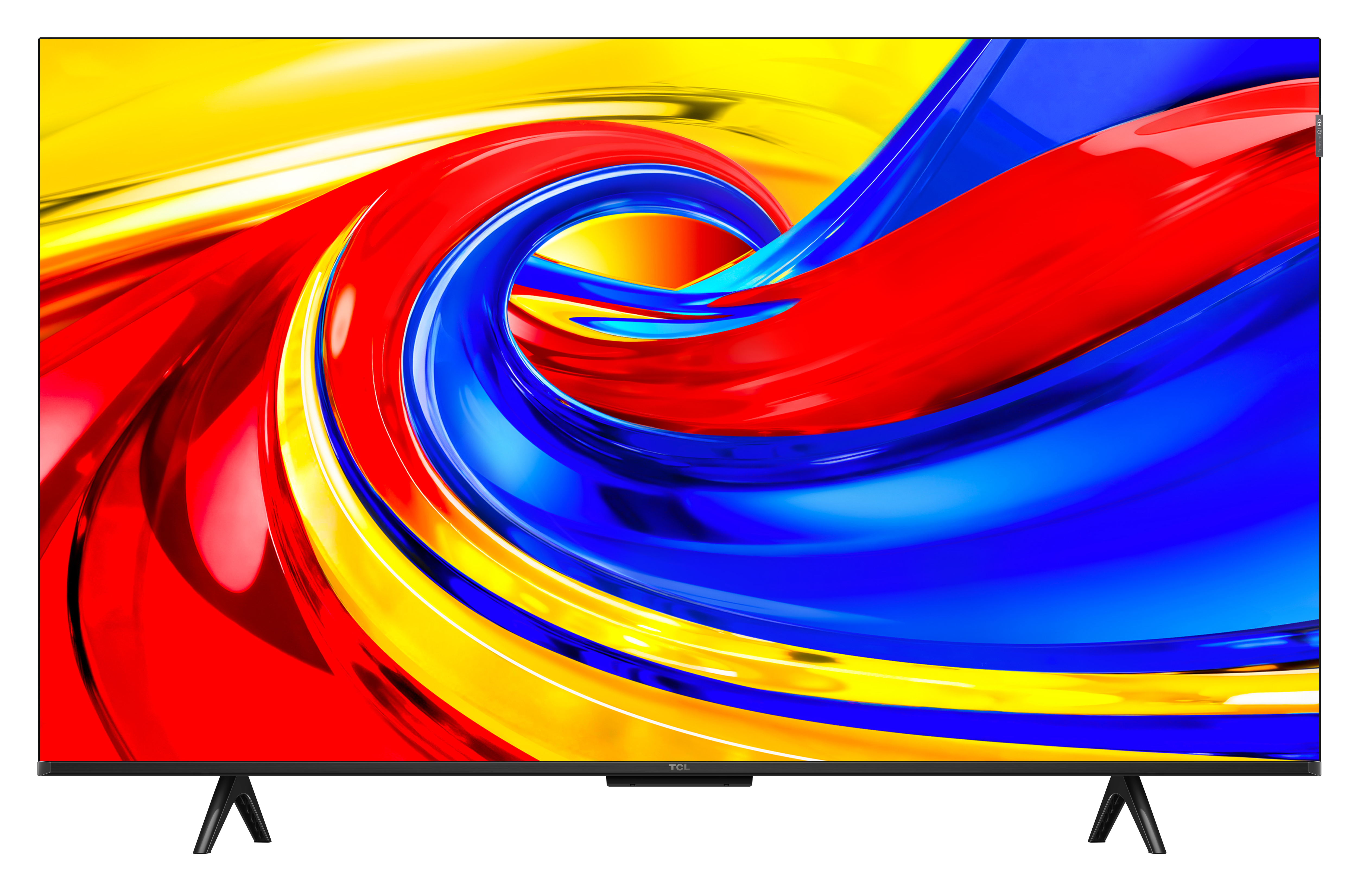 Nowoczesny telewizor wyświetla abstrakcyjną, wirującą grafikę w kolorach czerwonym, niebieskim i żółtym.