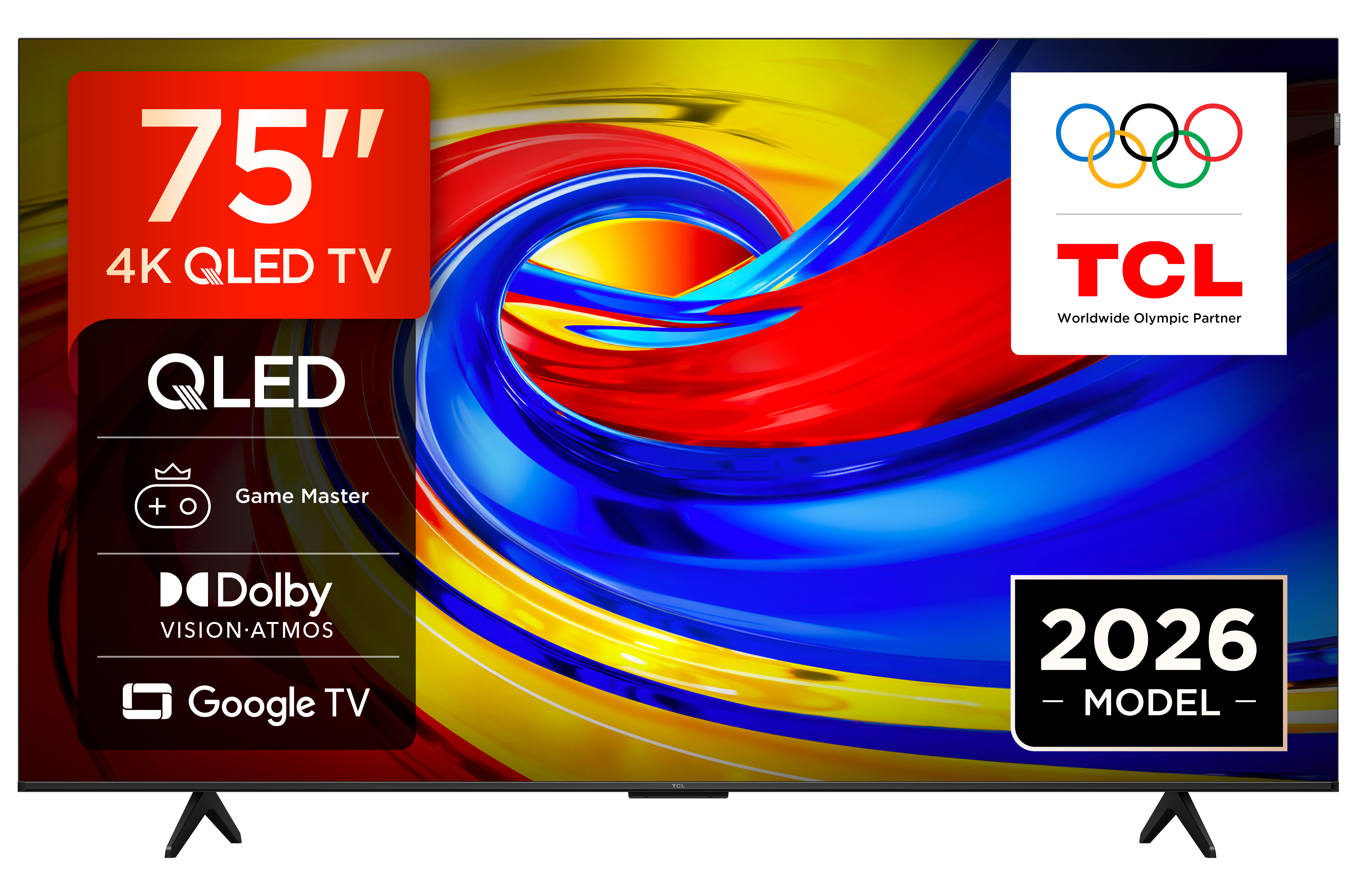 Telewizor TCL 75 cali 4K QLED z logo Partnera Olimpijskiego i modelem 2026.