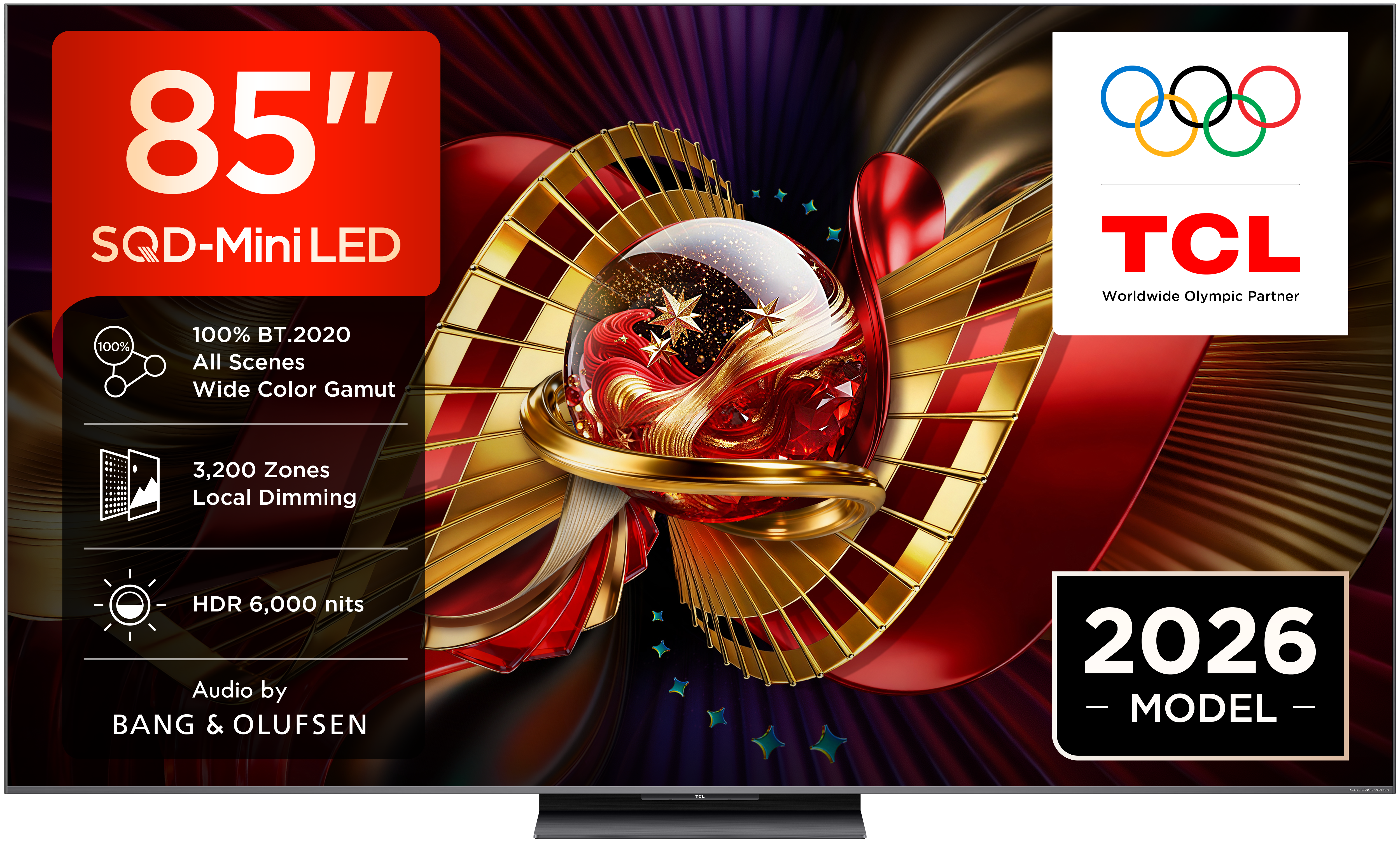 85 Zoll TCL SQD-Mini LED TV mit Olympia-Logo, 2026 Modell.