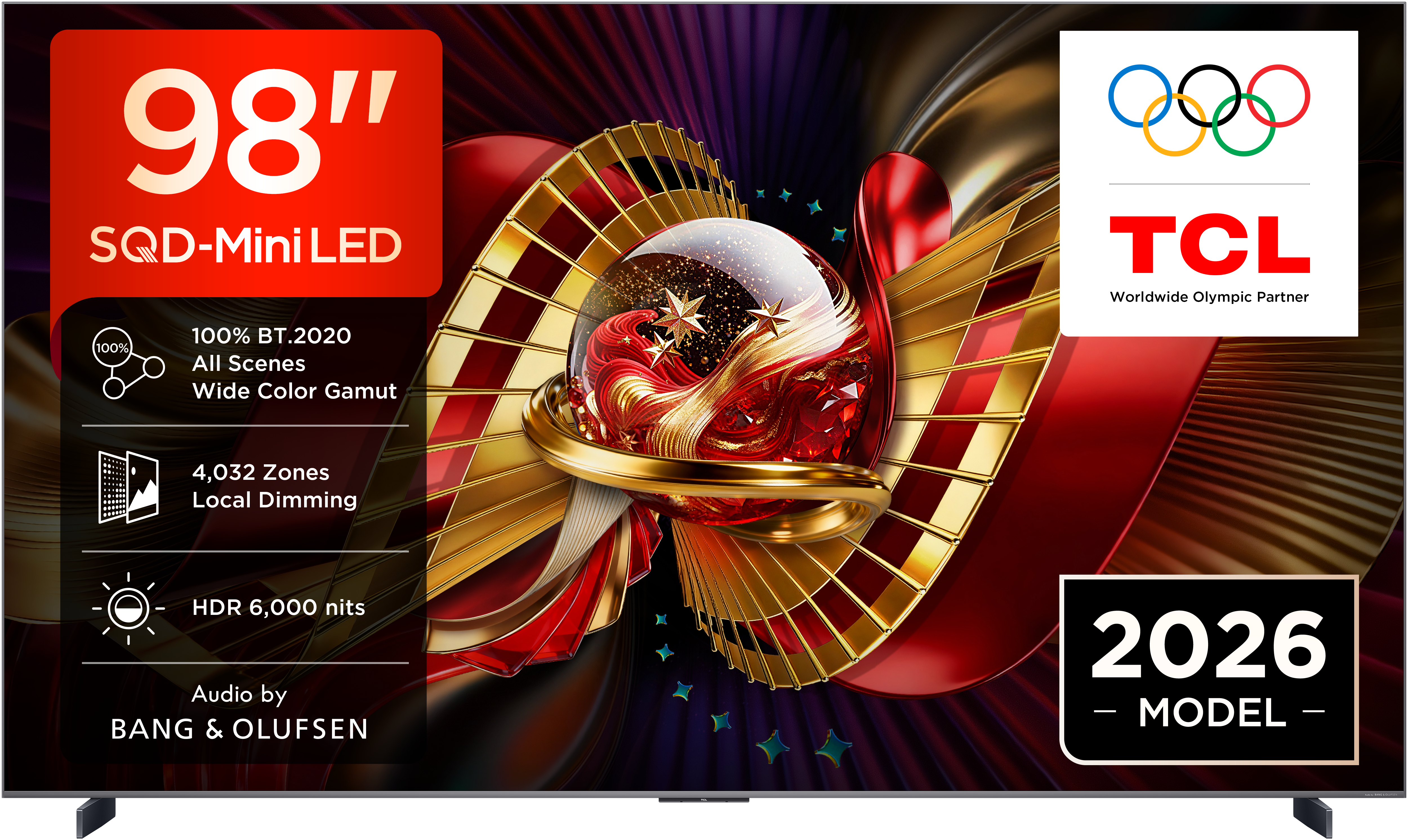 TCL 98 Zoll SQD-Mini LED TV mit 4.032 Zonen, HDR 6000 Nits, Bang & Olufsen Audio.
