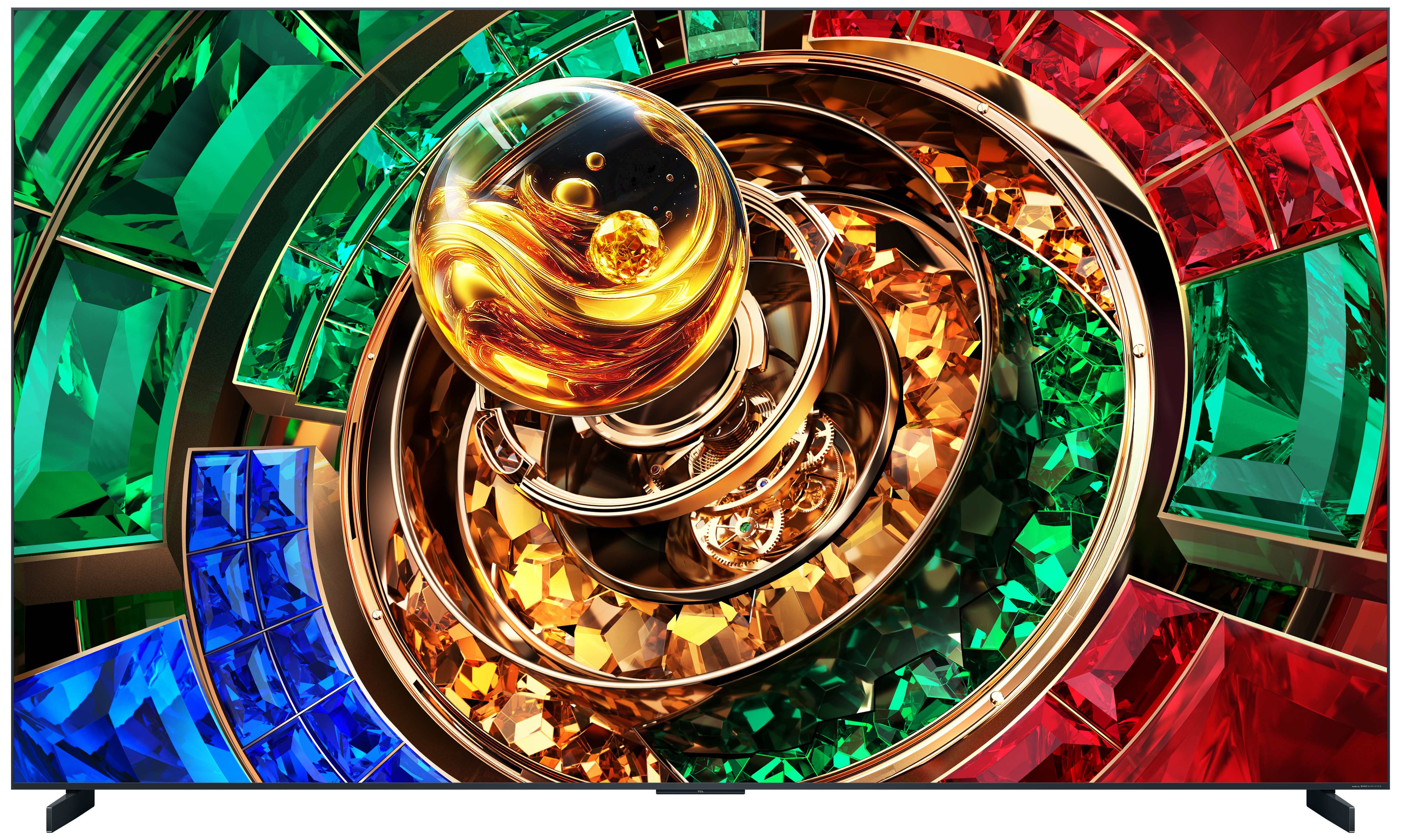 Abstrakte Darstellung mit goldenen Spiralen, Edelsteinen in Grün, Rot, Blau und Bernstein.