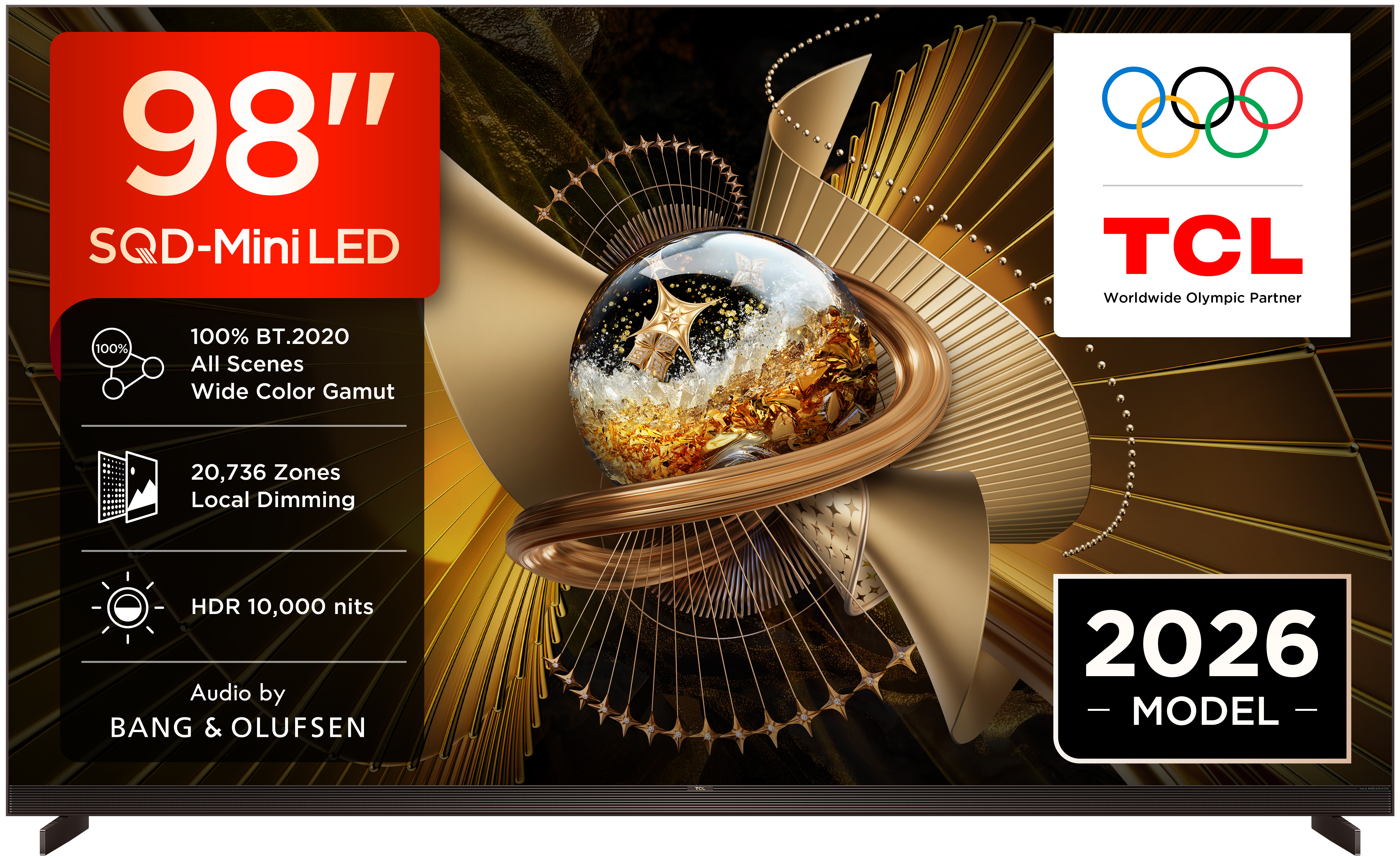 98-Zoll TCL SQD-Mini LED TV mit Olympic Rings & '2026 MODEL' Schriftzug.