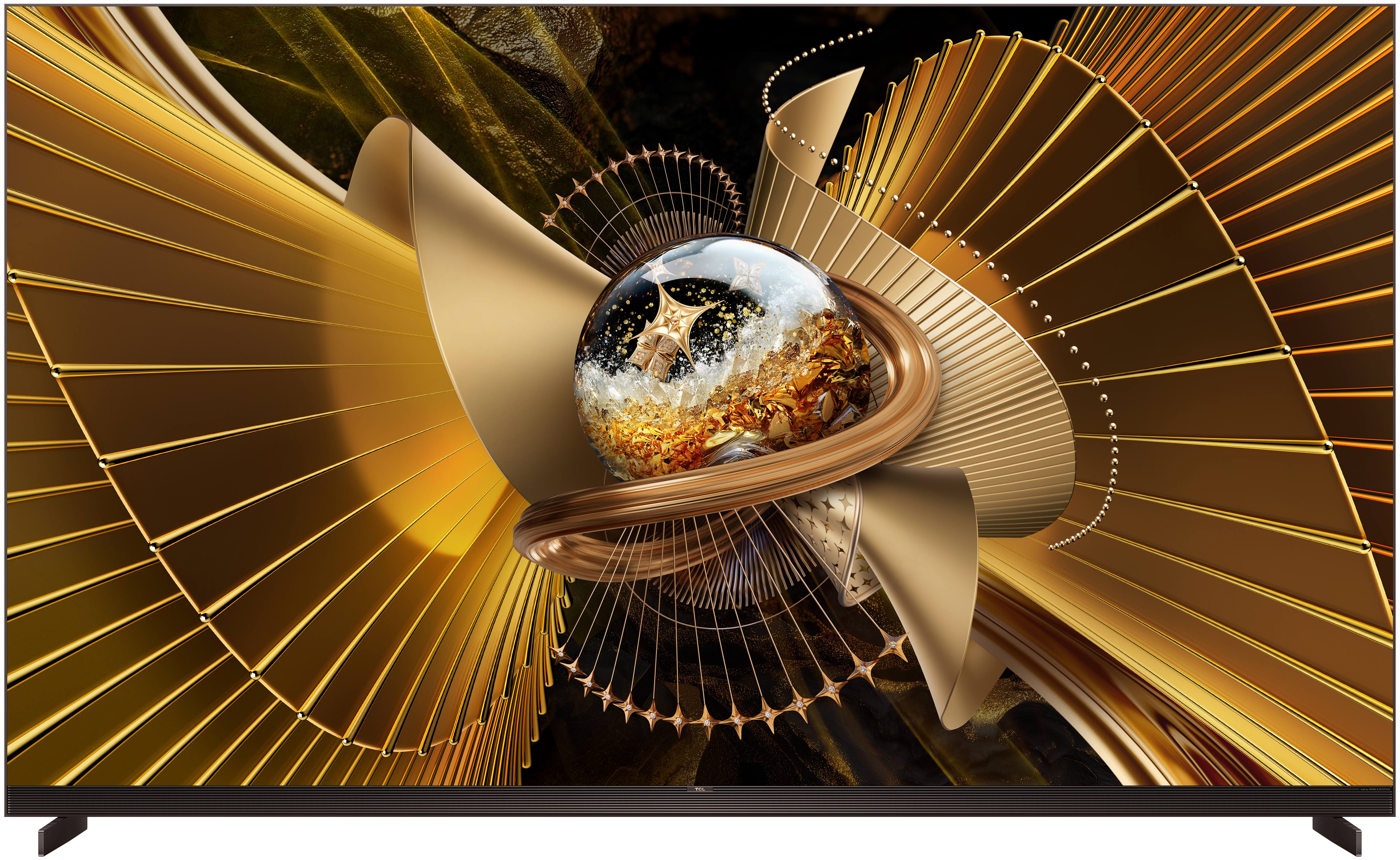 Goldene Spiralen um eine Glaskugel mit Sternen und goldenen Partikeln.