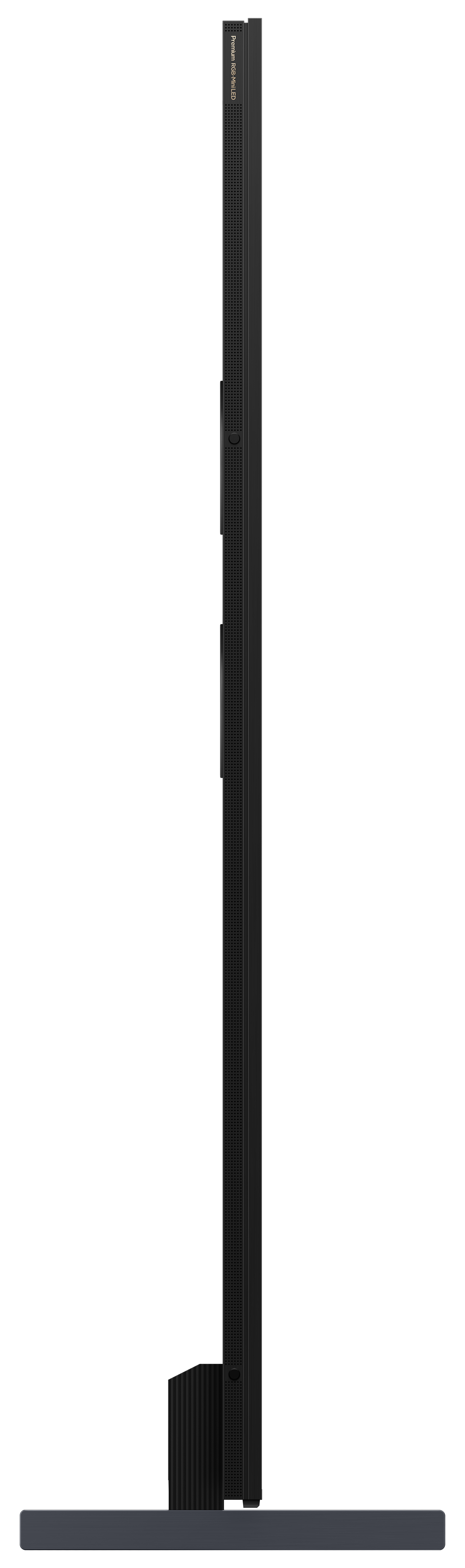 Schwarzer Fernseher, Seitenansicht, mit Ständer und Lüftungsschlitzen.