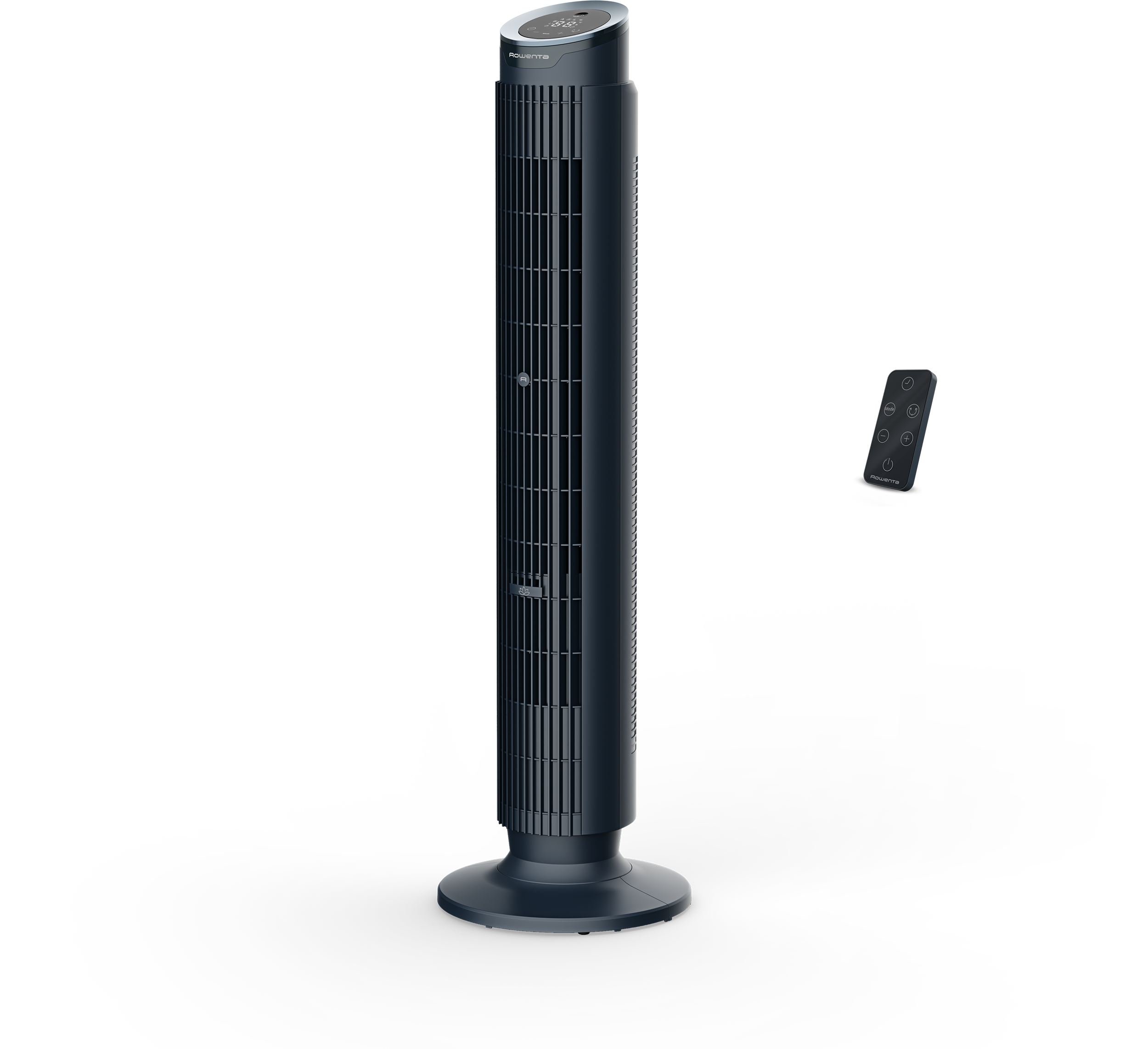 Sötét toronyventilátor távirányítóval fekete háttéren.