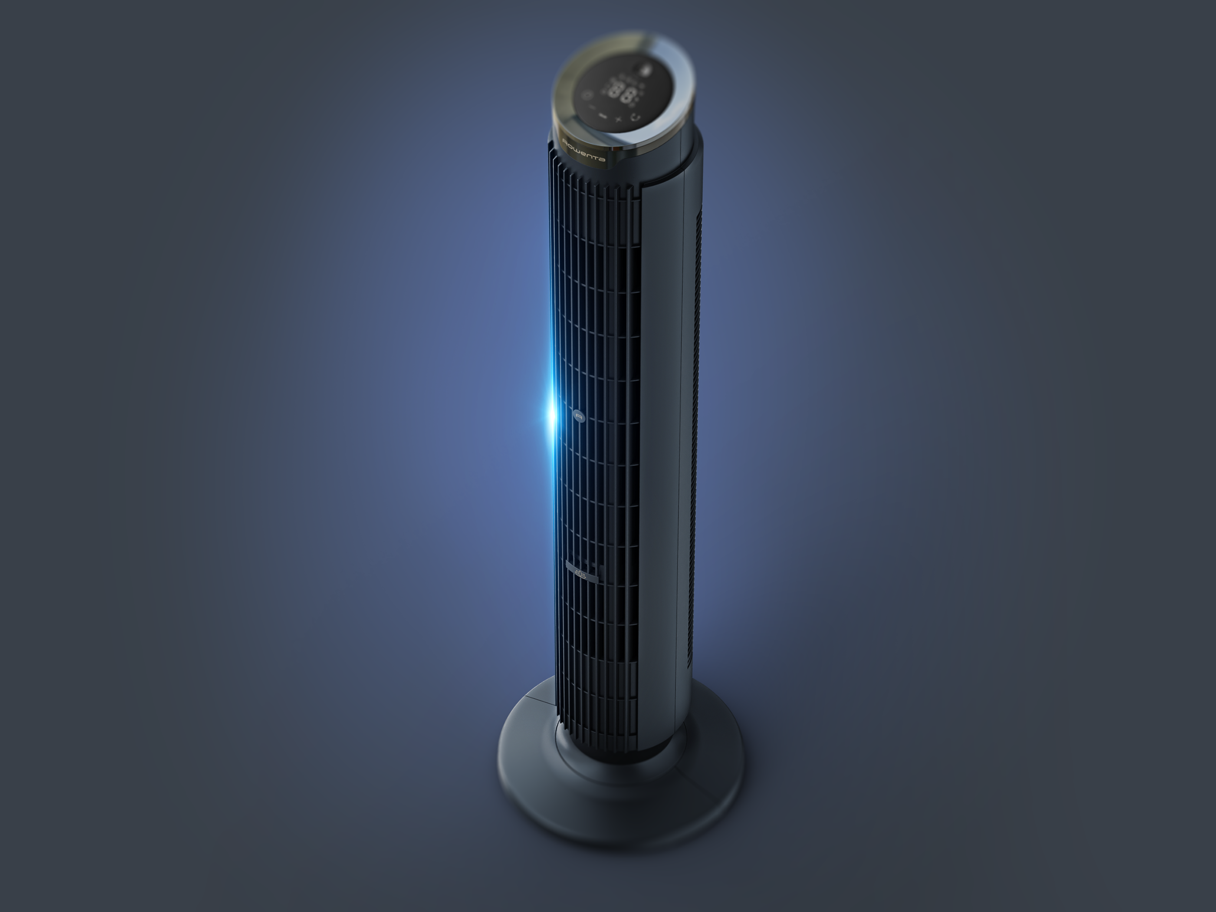 Elegáns fekete toronyventilátor ezüst kijelzővel sötét háttéren.