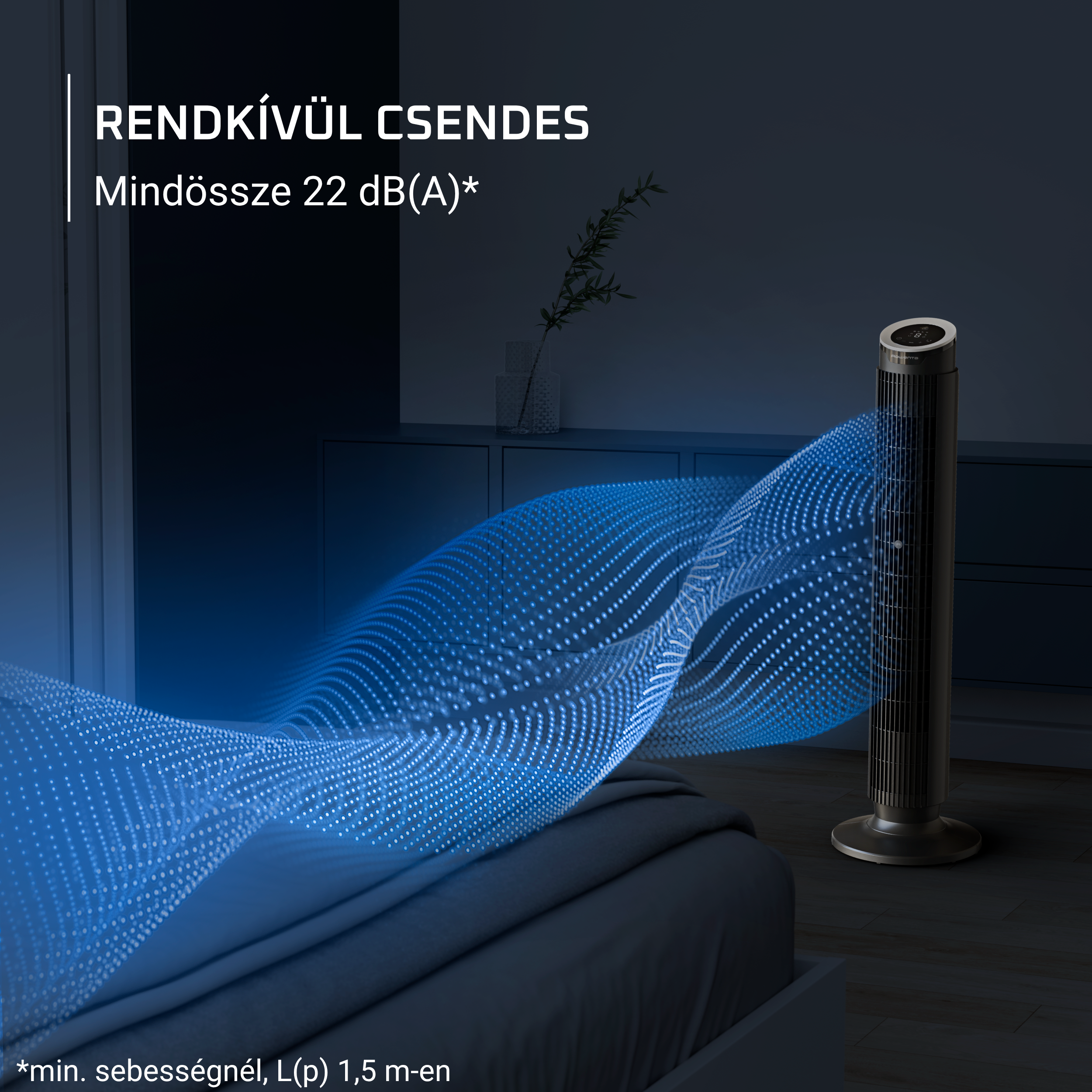 Elegáns toronyventilátor sötét szobában, kék fényeffektusokkal.