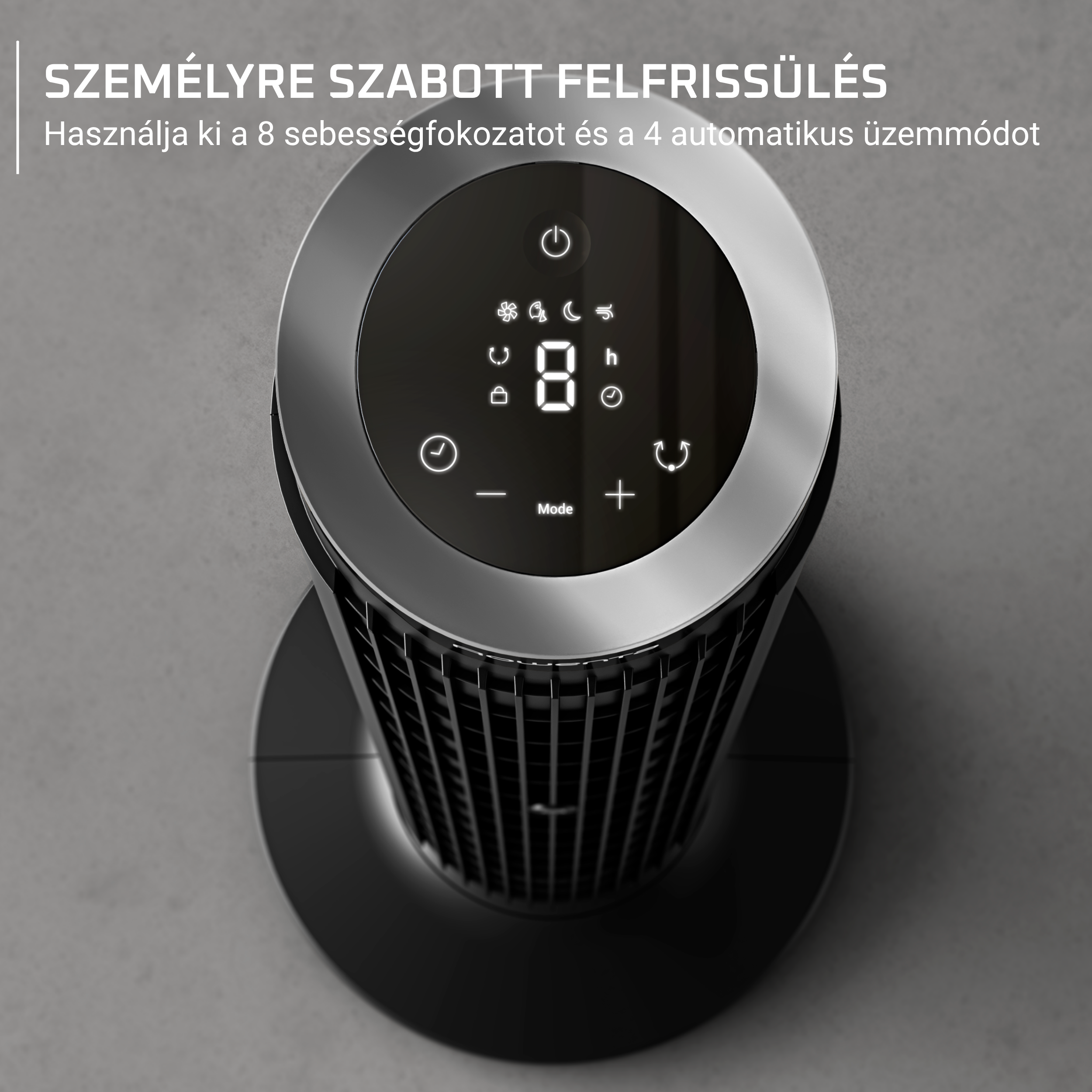 Fekete toronyventilátor digitális kijelzővel, 8 sebességgel és 4 móddal.