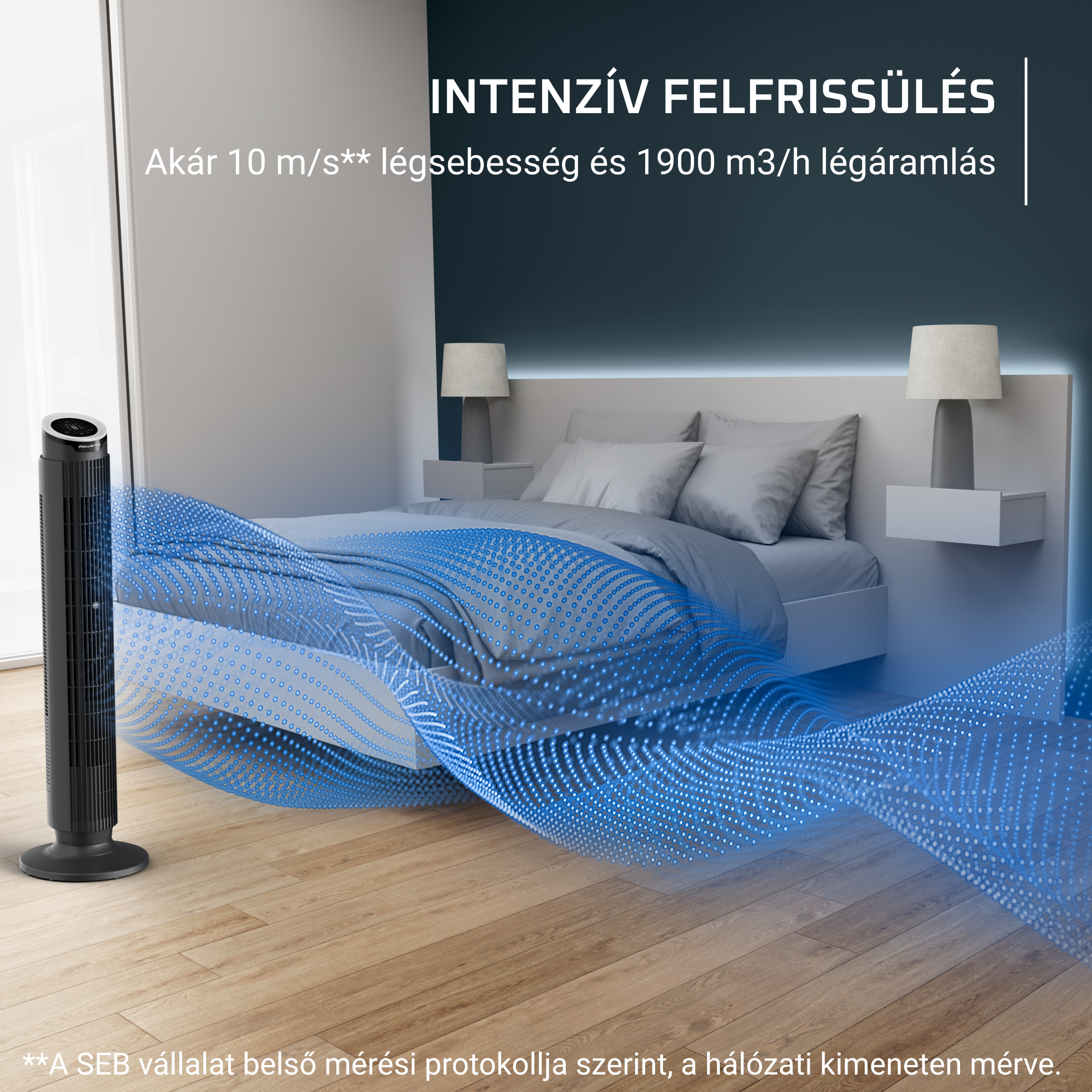 Elegáns fekete toronyventilátor hálószobában, kék légáramlás vizualizációval.