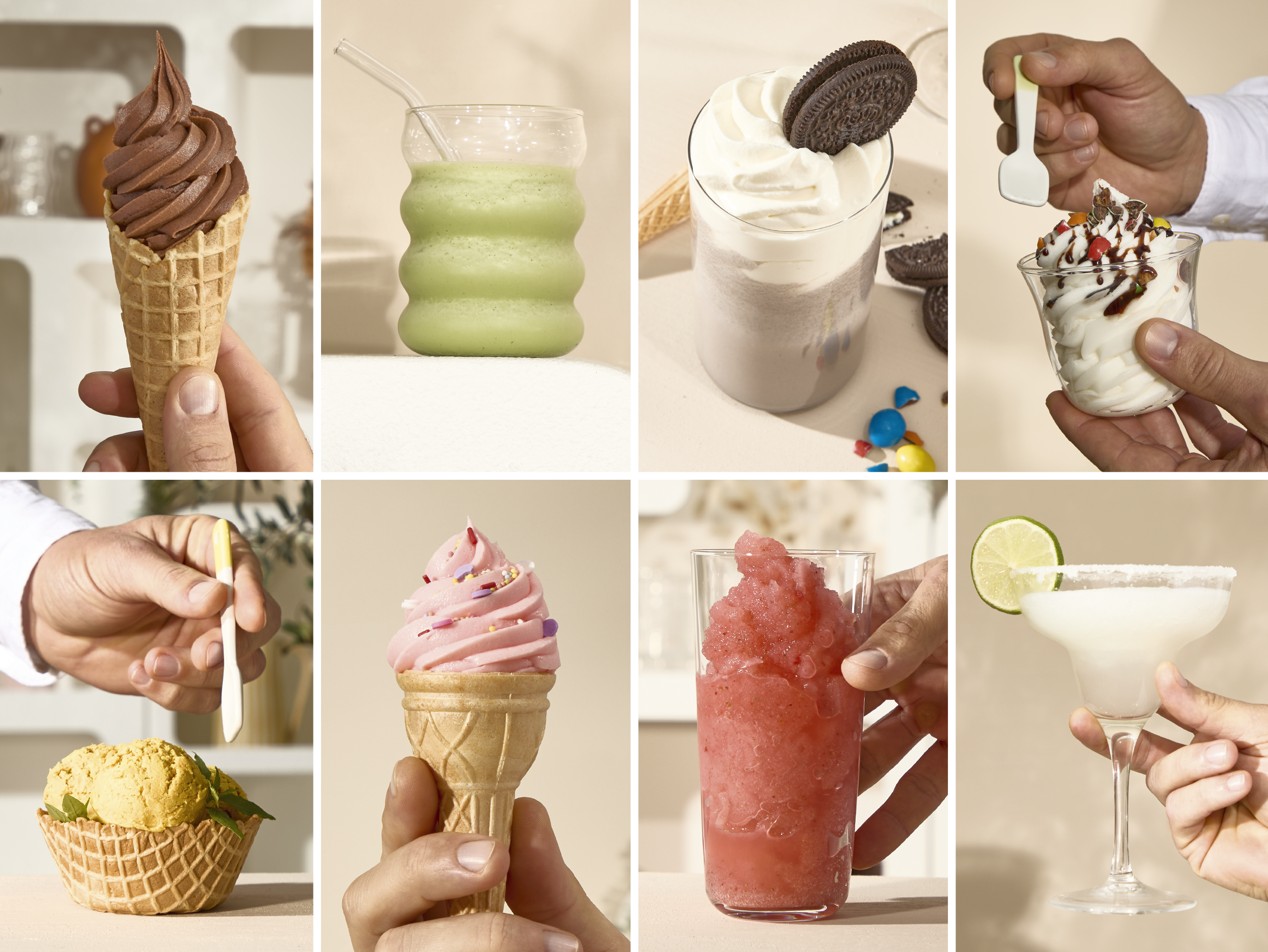 Kézből csokis fagyi, zöld turmix és Oreo shake látható.
