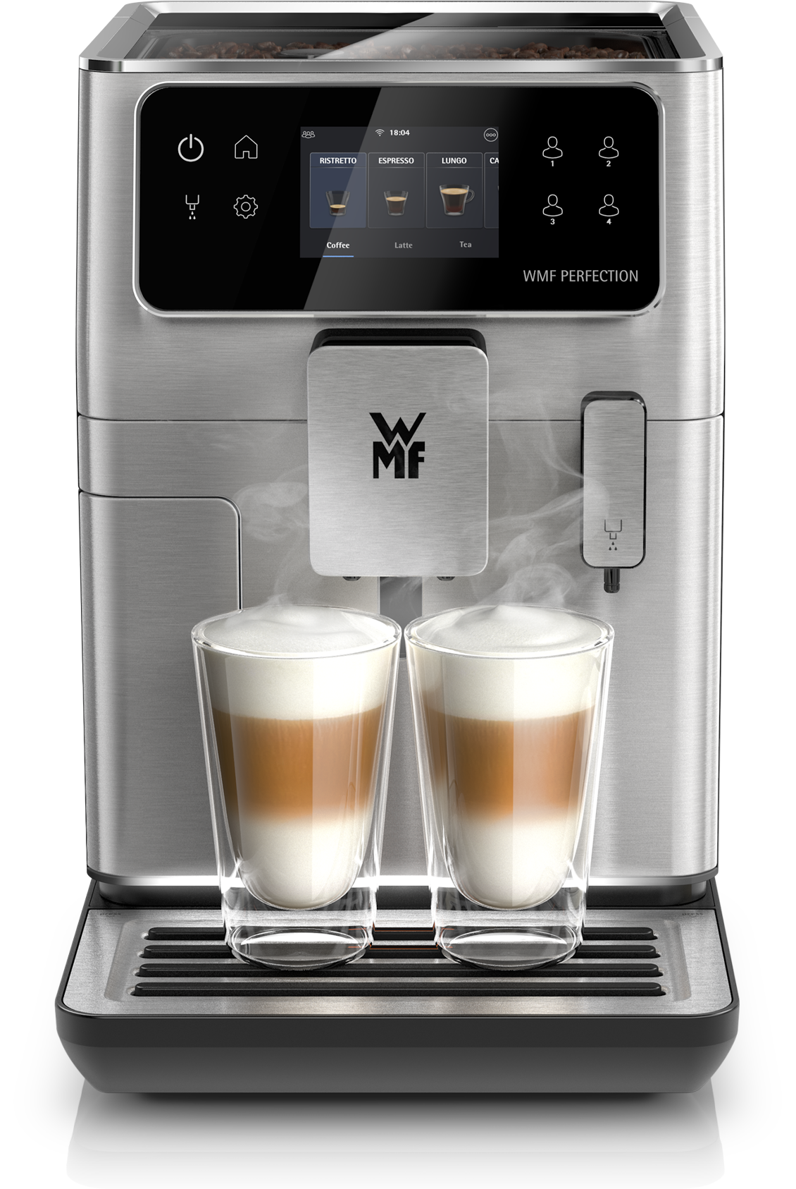 Ezüst kávéfőző két pohár latte macchiatóval és gőzzel.