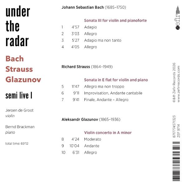 Album-Cover mit Titelliste: Bach, Strauss, Glazunov. Jeroen de Groot (Violine).