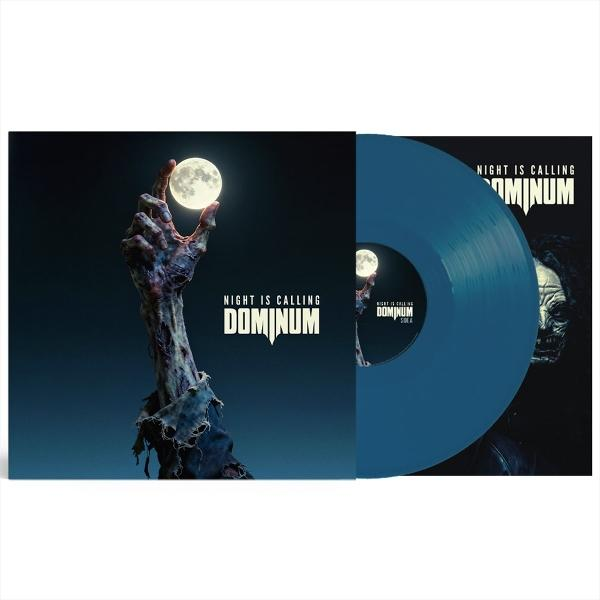 Eine verrottete Hand hält den Mond. Ein blaues Vinyl liegt daneben.