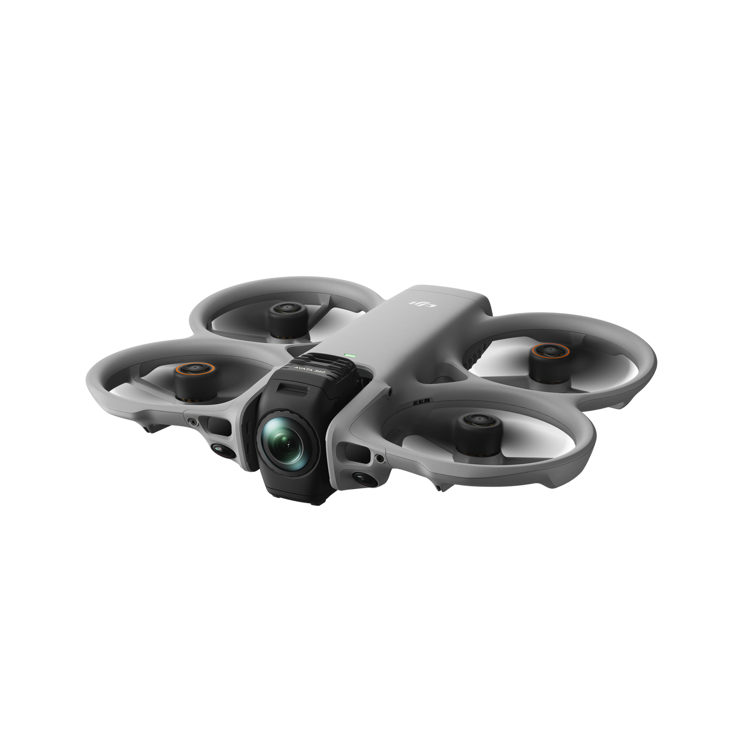Un dron DJI Avata gris con cámara en primer plano sobre fondo gris.