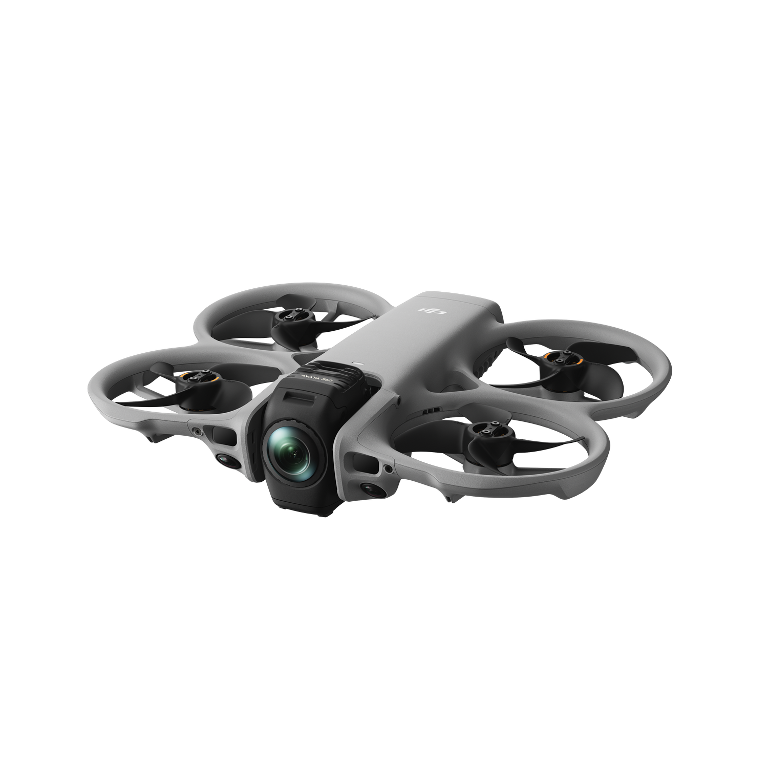 Drone DJI gris con cámara y hélices sobre fondo gris.
