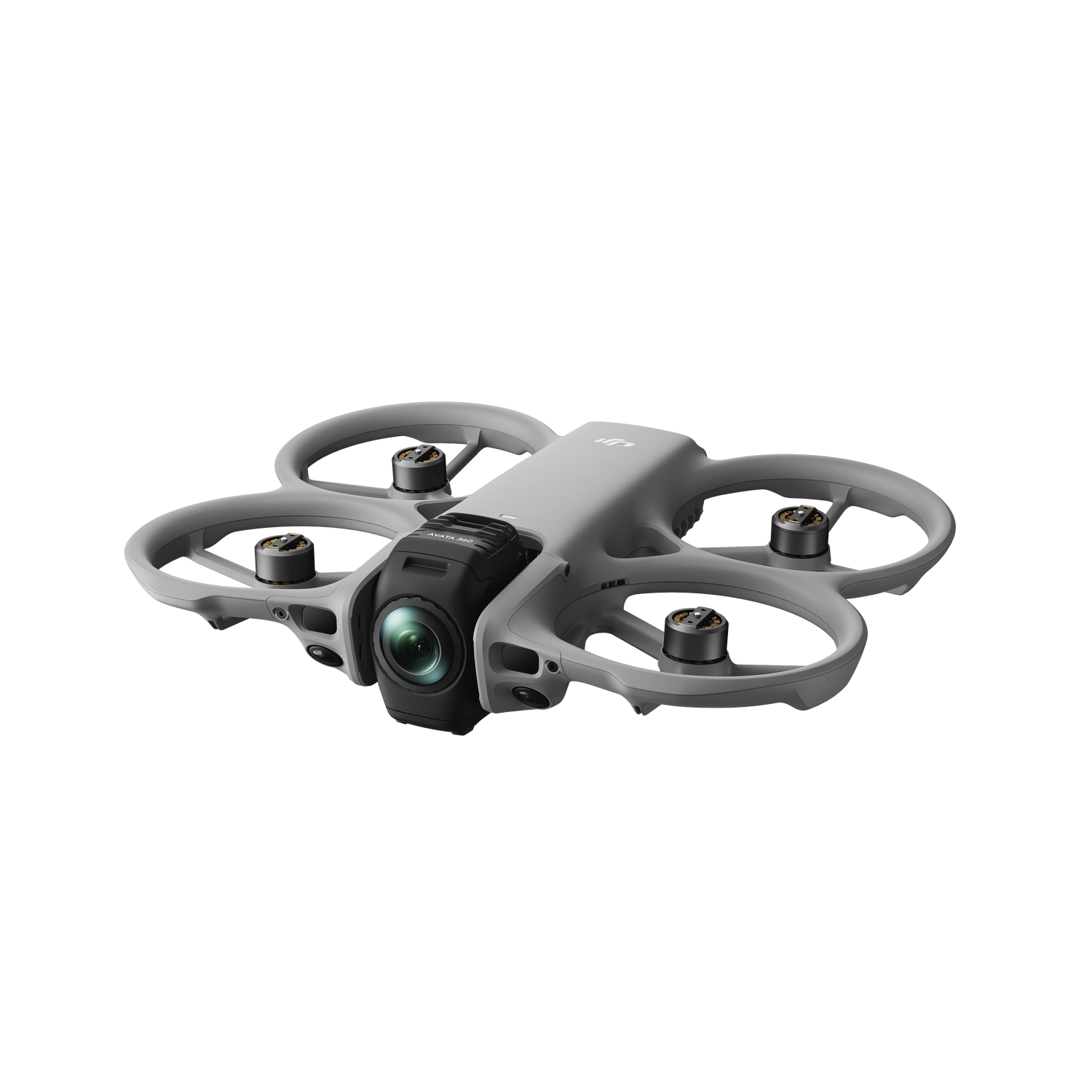 Un modelo de dron DJI Avata gris con cuatro hélices y cámara.