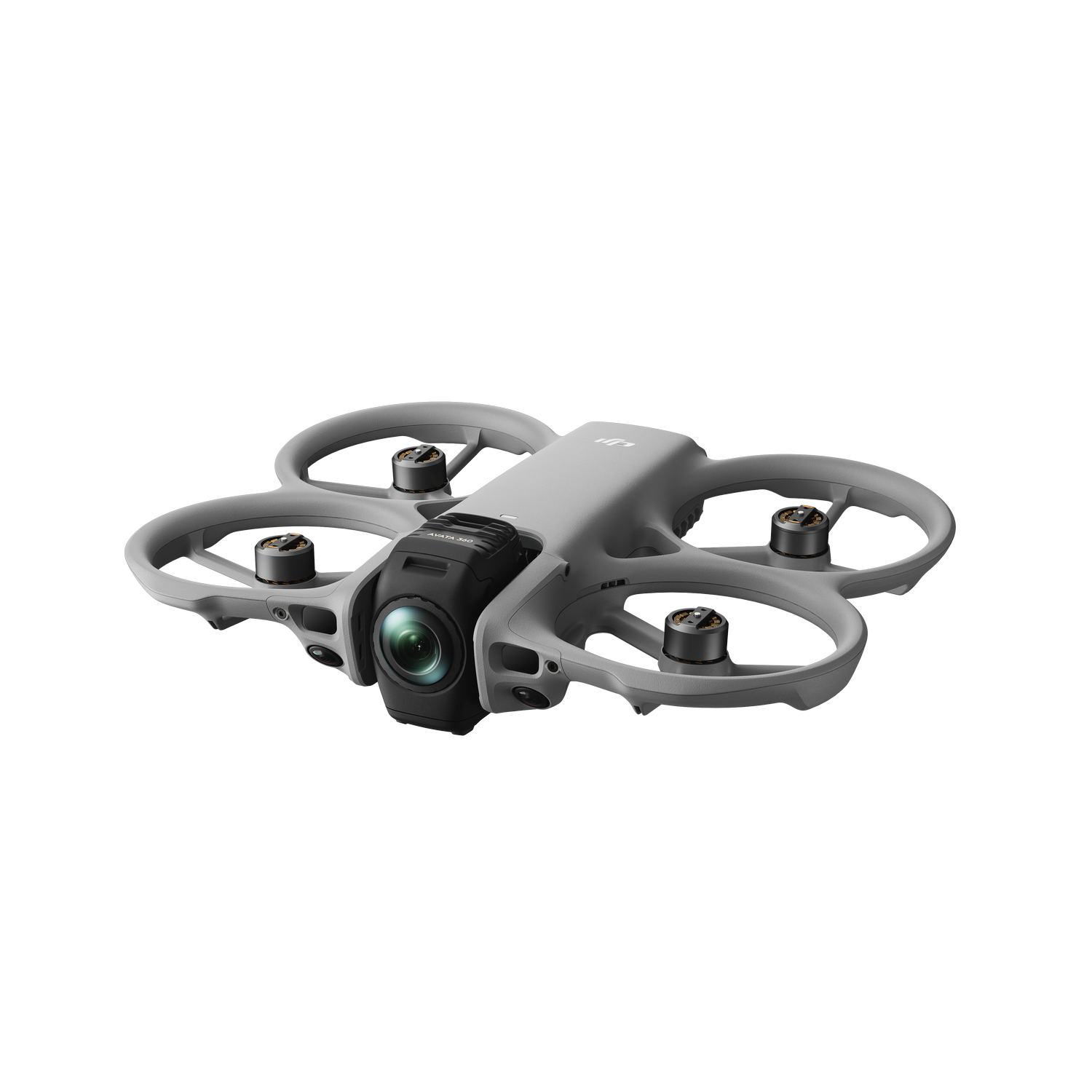 Dron gris con cámara y hélices sobre fondo gris.