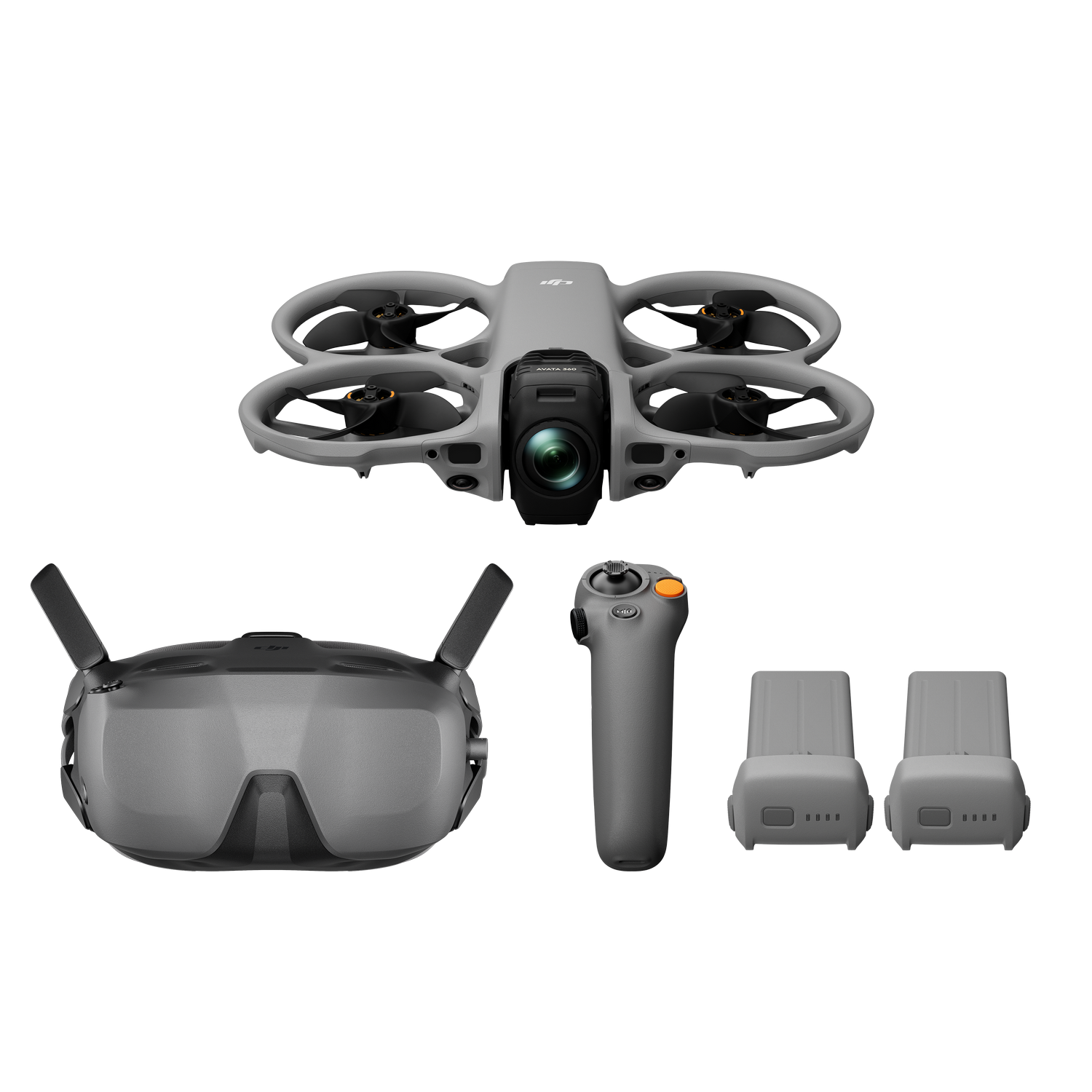 Kit de dron DJI Avata gris con gafas, control y dos baterías.