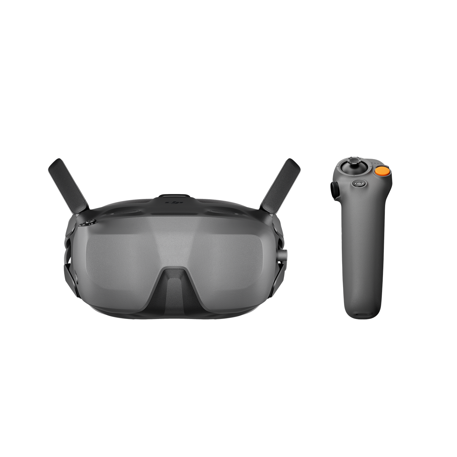 Gafas de RV grises y un mando sobre fondo gris.