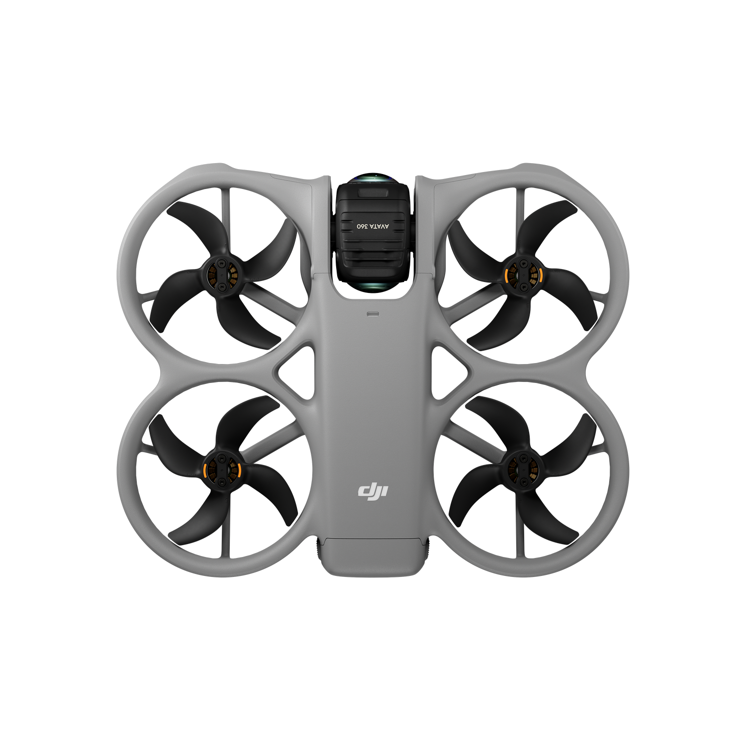 Dron gris con cuatro hélices y carcasa negra sobre fondo negro.