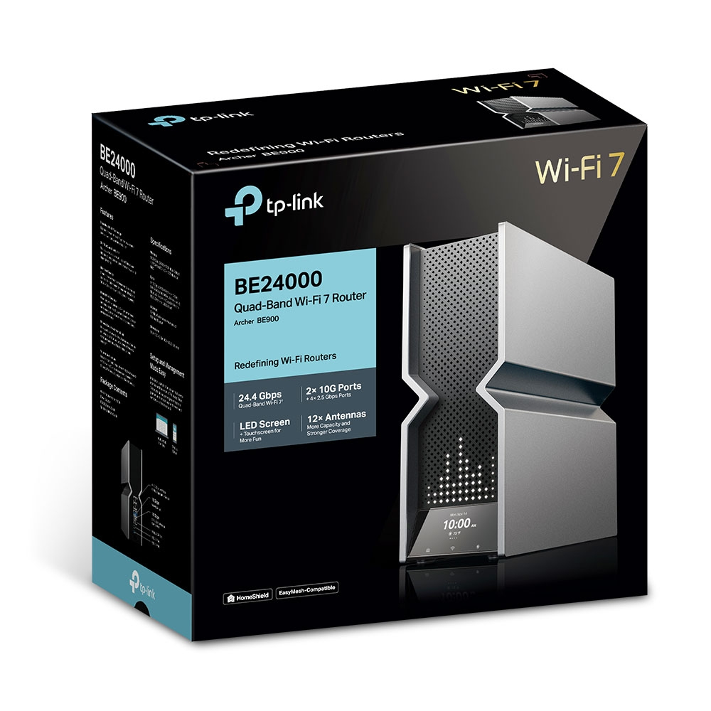 Router TP-Link BE24000 Quad-Band Wi-Fi 7 Archer BE900 en embalaje negro.