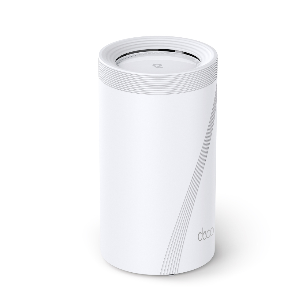 Un router Deco blanco cilíndrico con líneas plateadas y logo sobre fondo blanco.
