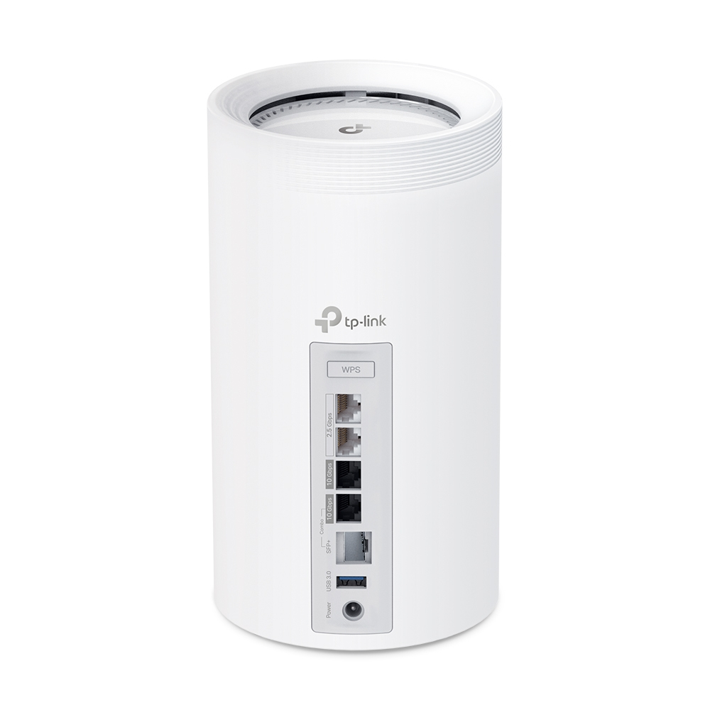 Un router TP-Link blanco con puertos de alimentación, USB 3.0, SFP+, 2x 10 Gbps y 2,5 Gbps.